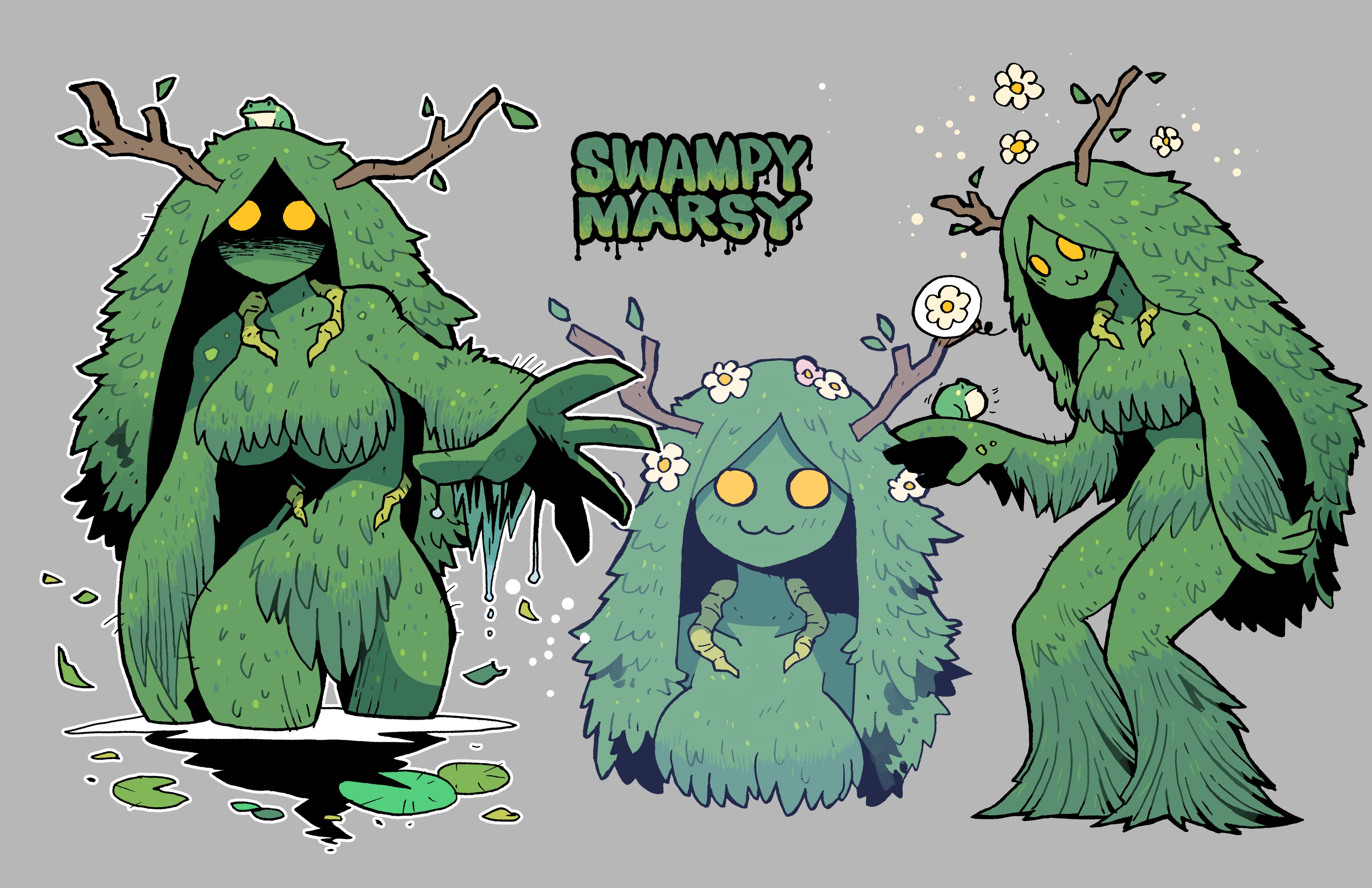 big breasts, breasts, crap-man, cute, female, green body, huge breasts, monster girl, original, original character, swamp monster, swampy marsy (crap-man), underboob