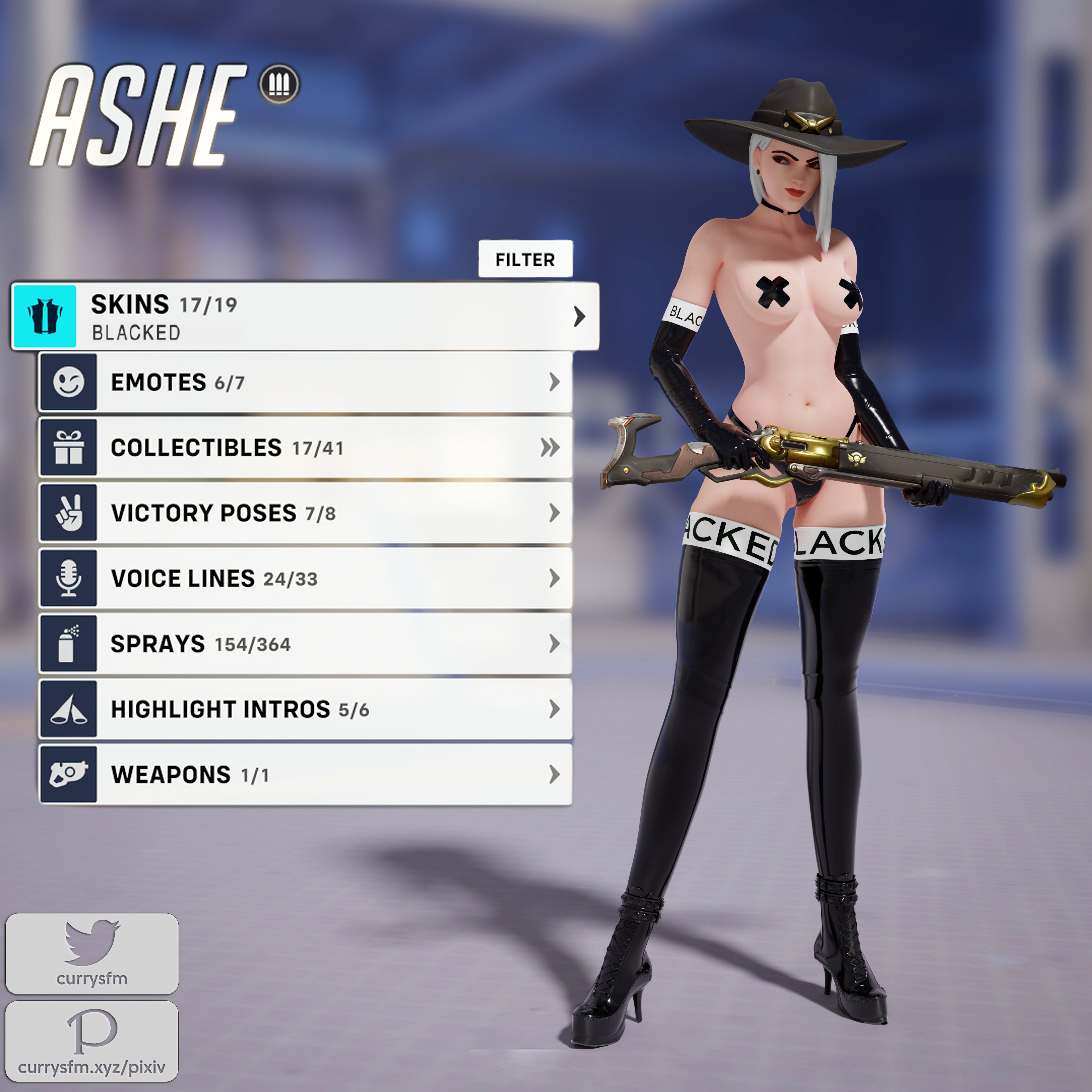 1girls, 3d, alternate costume, ashe (overwatch), black panties, blacked, blacked clothing, breasts, cameltoe, choker, cowboy hat, cross pasties, currysfm, ear piercing, english text, female, female only, gameplay mechanics, gun, hat, heels, high heels, latex, light skin, light-skinned female, medium breasts, navel, nipple bulge, overwatch, panties, pasties, pussy, red eyes, rifle, solo, text, thighhighs, weapon, white hair