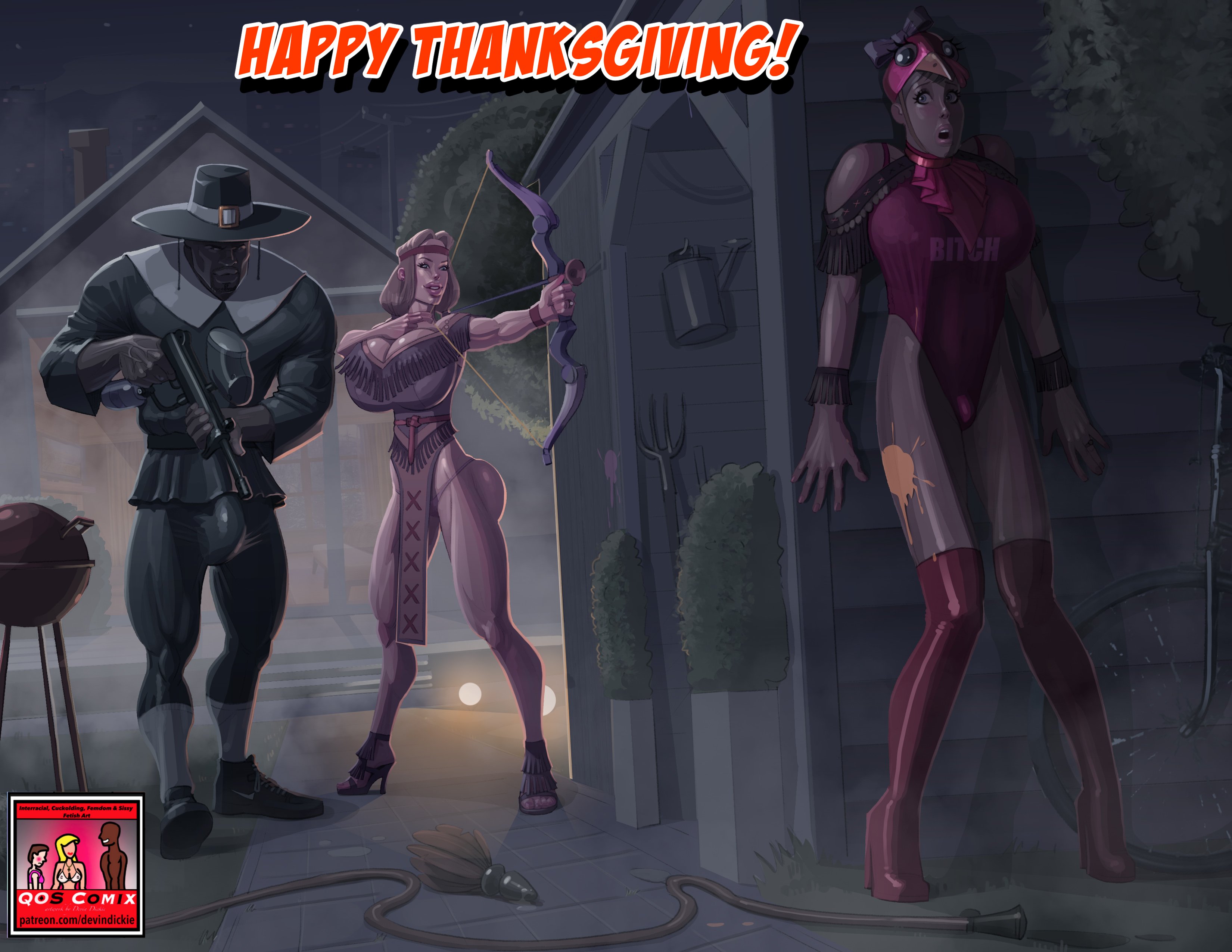 1girls, 2022, 2boys, big breasts, big penis, blonde hair, bow, breasts, dark skin, dark-skinned male, female, heels, high heel boots, high heels, interracial, large breasts, male, night, penis, penis size difference, small penis, temogam, thanksgiving