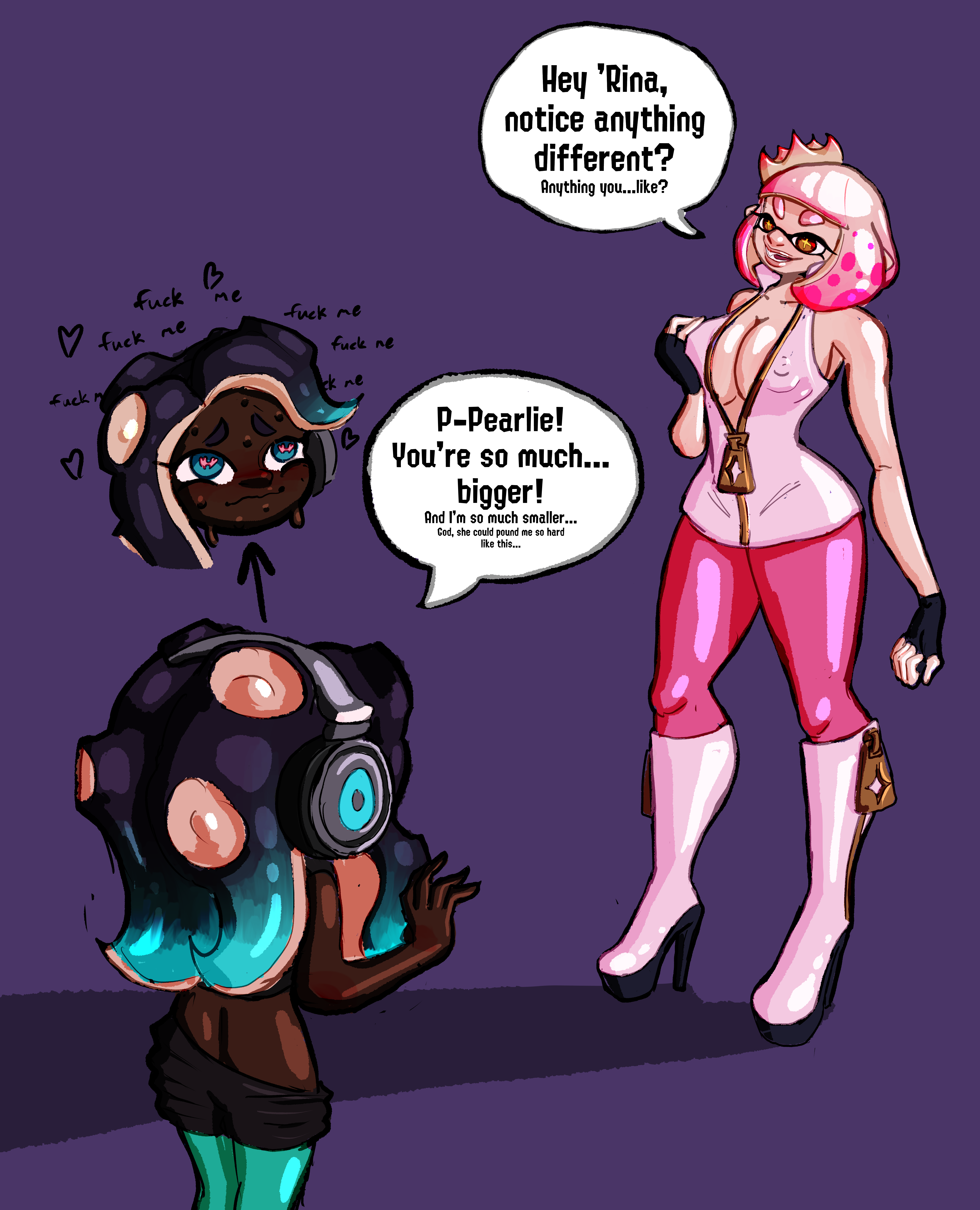 2girls, alternate body type, alternate breast size, ass, attribute swap, attribute theft, big ass, big breasts, bimbo, bimbofication, breasts, cleavage, dark skin, dark-skinned female, english text, female, female/female, grabbing own breast, heart-shaped pupils, height difference, high heel boots, high heels, humanoid, implied transformation, inkling, marina (splatoon), multiple females, multiple girls, octoling, off the hook (splatoon), pearl (splatoon), role reversal, size difference, splatoon, splatoon 2, sweat, syllabunne, text, thick ass, thick thighs, transformation, voluptuous, voluptuous female