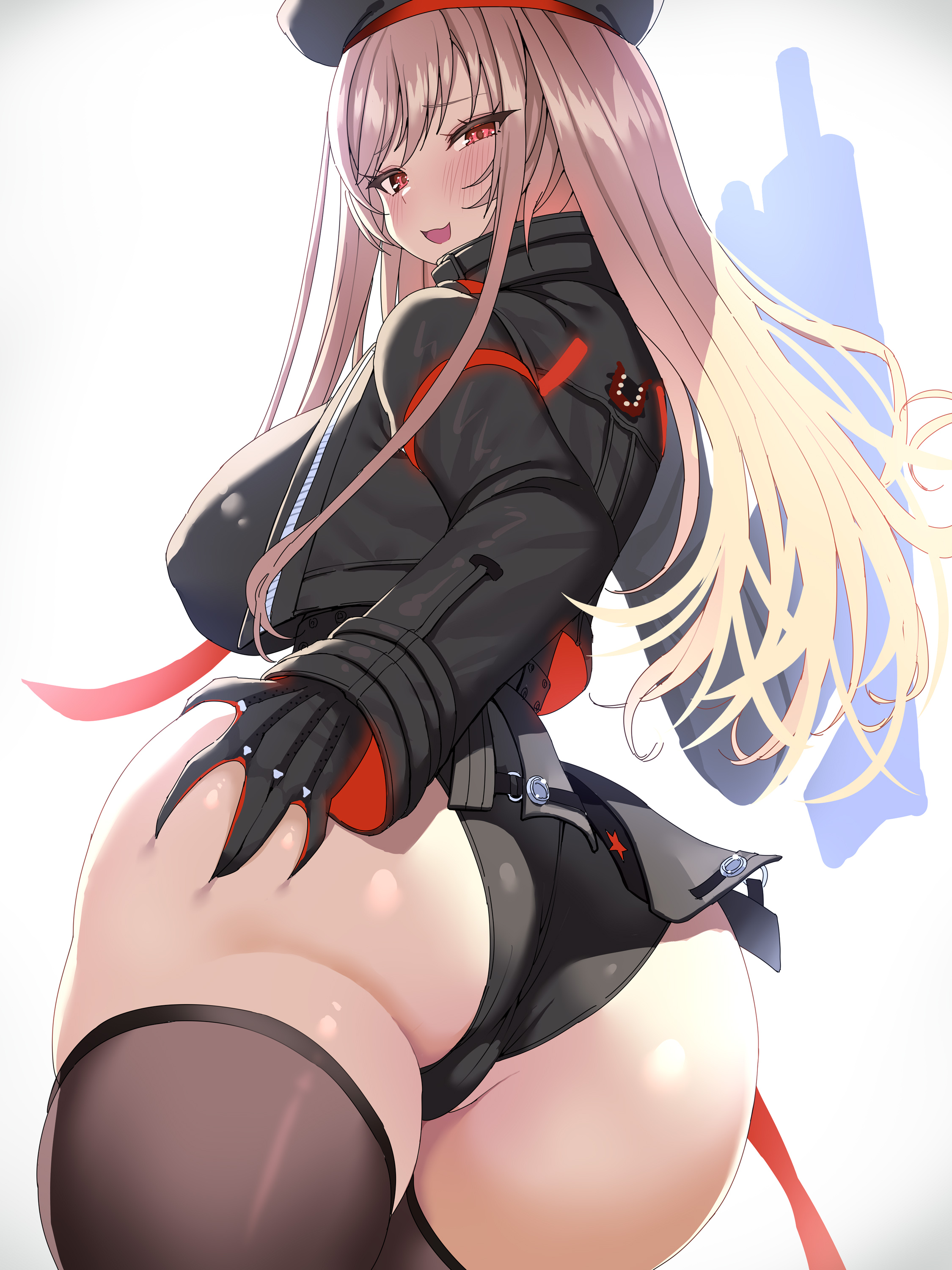 1girls, ariso kaoru, ass, breasts, brown hair, female, goddess of victory: nikke, grabbing own ass, hand on ass, hat, hips, huge ass, huge breasts, light skin, light-skinned female, long hair, naughty face, rapi (nikke), red eyes, skindentation, smile, thick thighs, thighhighs, thighs, wide hips