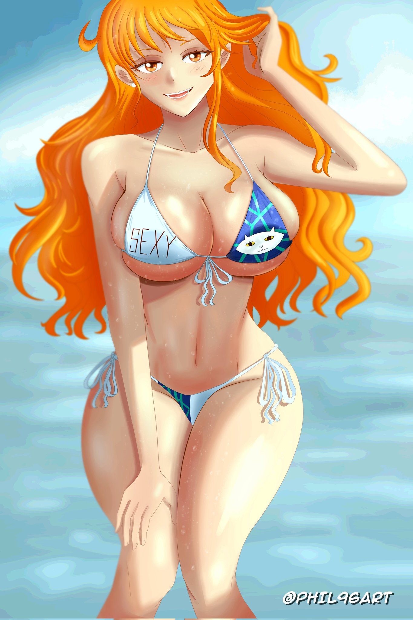 1girls, big breasts, big eyes, bikini, bikini bottom, bikini pull, bikini top, blush, breasts, female, female only, large breasts, long hair, nami (one piece), one piece, orange hair, orange-haired female, phil96art, post-timeskip, sea, smile, tattoo, wet, white skin