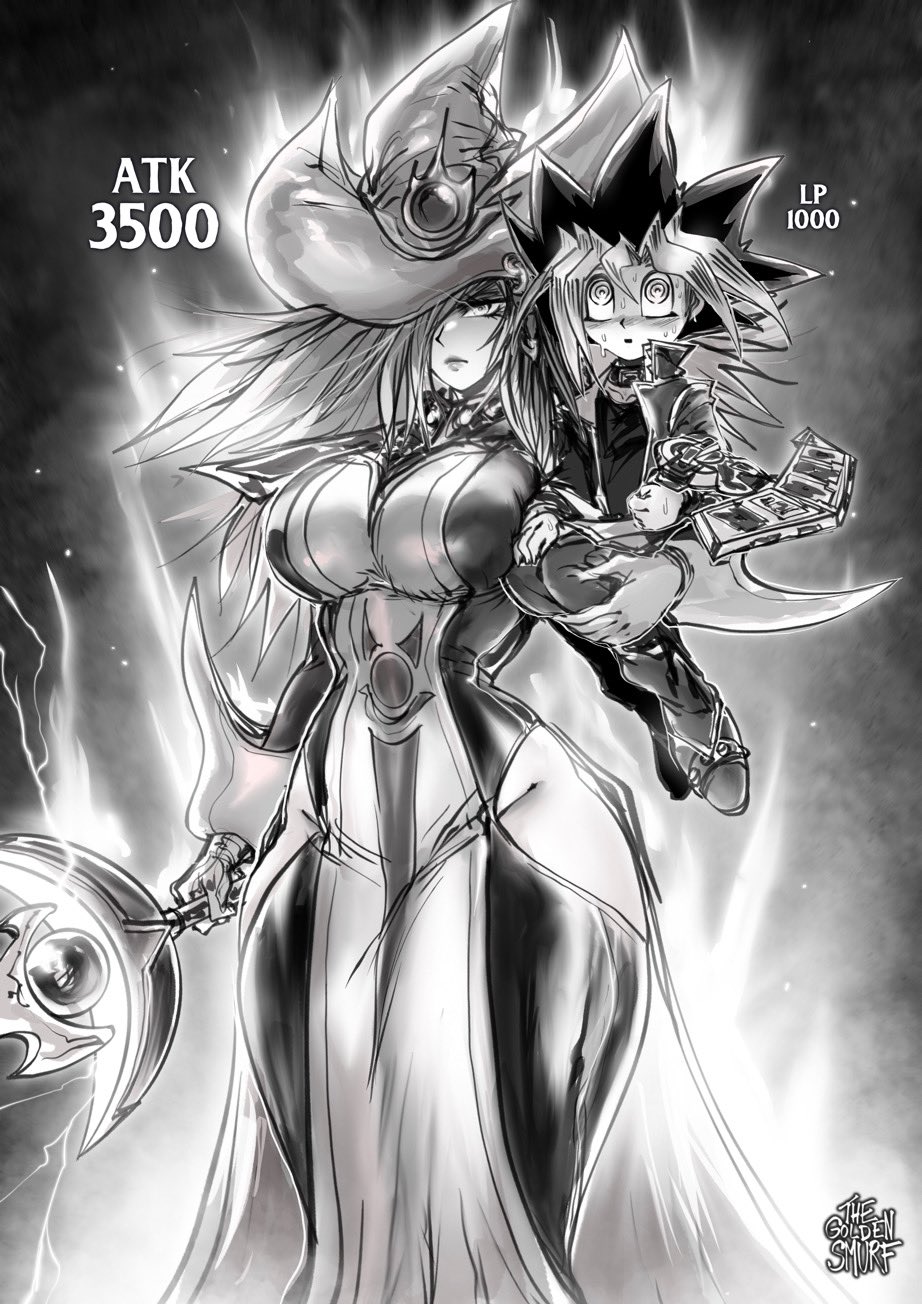 1boy 1girls big_breasts female hi_res konami looking_at_viewer male monochrome on_shoulders silent_magician smaller_male taller_girl text thegoldensmurf thick_thighs wide_hips witch_hat yu-gi-oh! yugi_muto