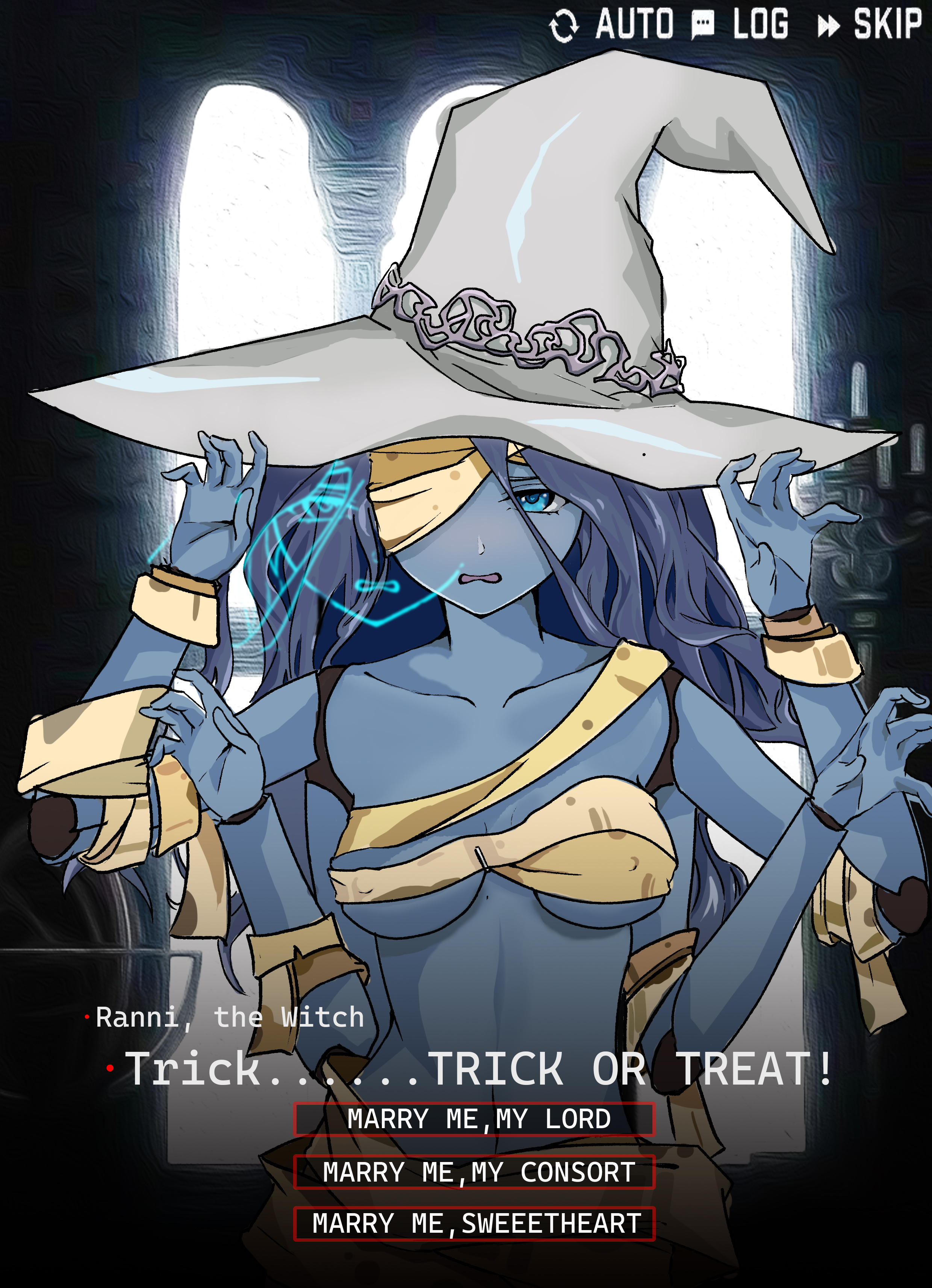 1girls, a.herrington, bandage, blue body, breasts, elden ring, female, female only, fromsoftware, halloween, ranni the witch, trick or treat, underboob, witch hat