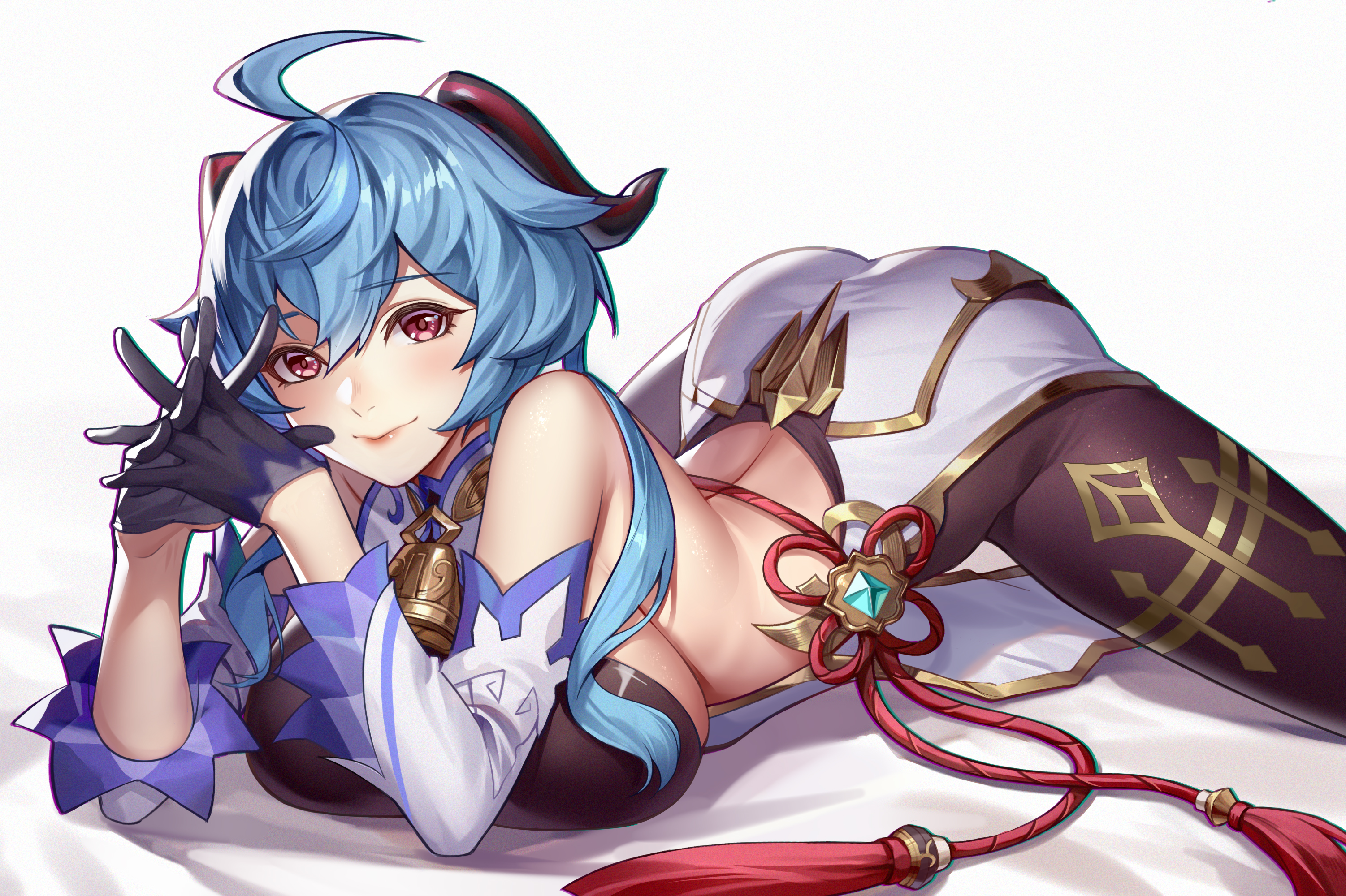 1girls, ahoge, ass, back, backless outfit, bare shoulders, bell, big ass, big breasts, big butt, blush, blush lines, blushing at viewer, bodysuit, bow, breasts, closed mouth, cowbell, detached sleeves, female, female focus, female only, ganyu (genshin impact), genshin impact, gloves, goat horns, hairbow, hi res, high resolution, highres, horns, large breasts, light skin, light-skinned female, looking at viewer, own hands together, shiny, shiny clothes, shiny hair, shiny skin, sideboob, simple background, smile, solo, solo female, solo focus, split, spread legs, thighs, vision (genshin impact), white background, yin lan xue