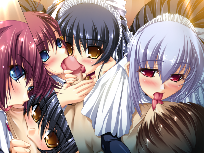 ahoge black_hair blue_eyes blush game_cg goshujinsama_daisuki hair_ornament hairclip kuu_spitfire long_hair maid maid_headdress multiple_girls murakumo_sakura necktie penis pink_eyes shishiouin_hime short_hair silver_hair yatsuha_kanan yellow_eyes