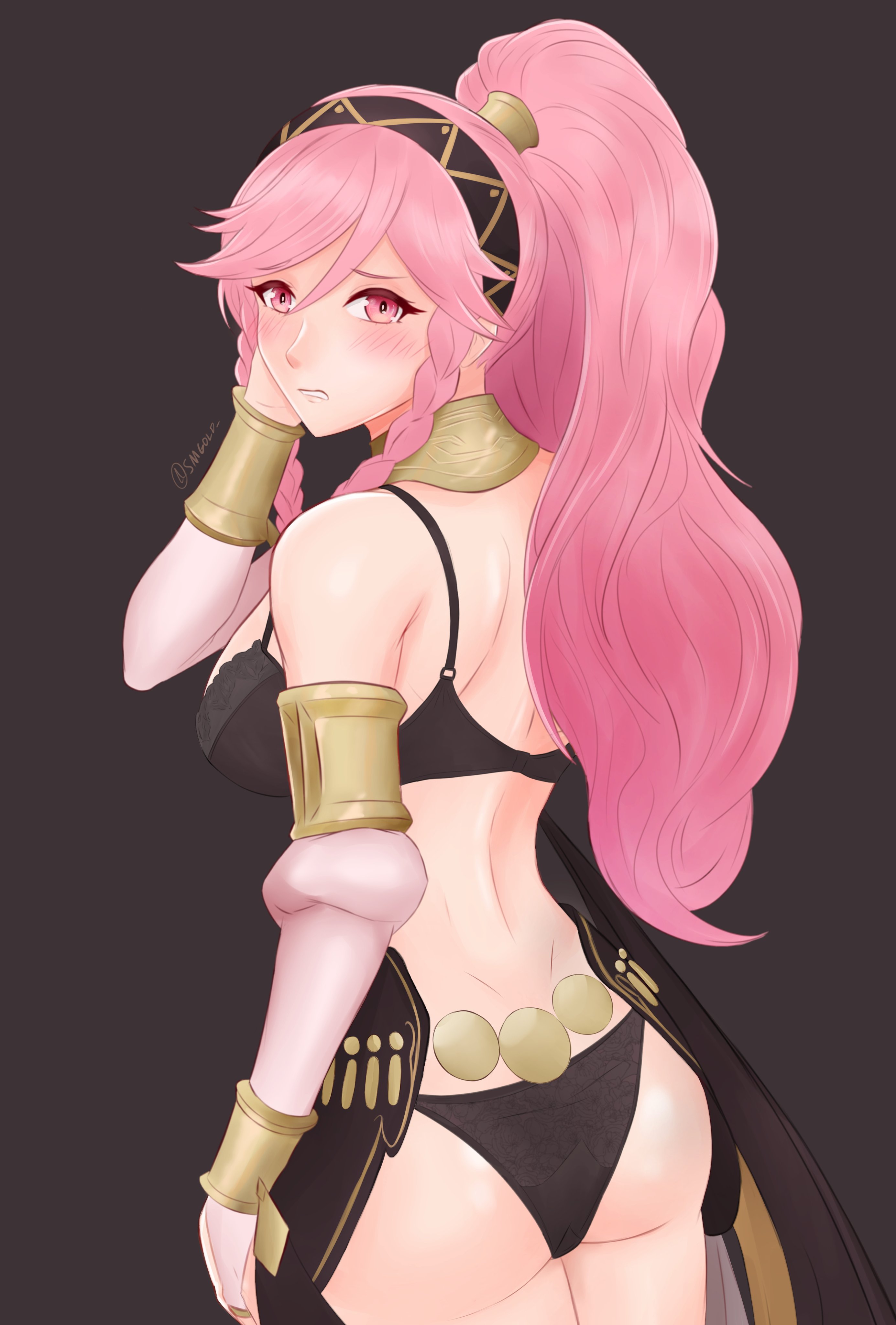 1girls, ass, black panties, blush, embarrassed, female, fire emblem, fire emblem awakening, fire emblem heroes, headband, lingerie, looking back, nintendo, olivia (fire emblem), pink hair, ponytail, red eyes, smgold, solo