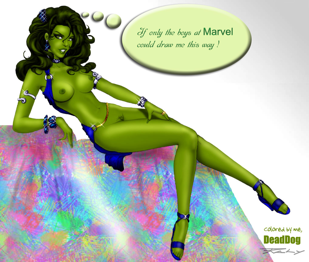 1girls big_breasts breasts color colored dead_dog dialogue female female_only green_hair green_skin harem_outfit high_heels hulk_(series) jewelry marvel marvel_comics nipples pubic_hair she-hulk solo superheroine thought_bubble white_background