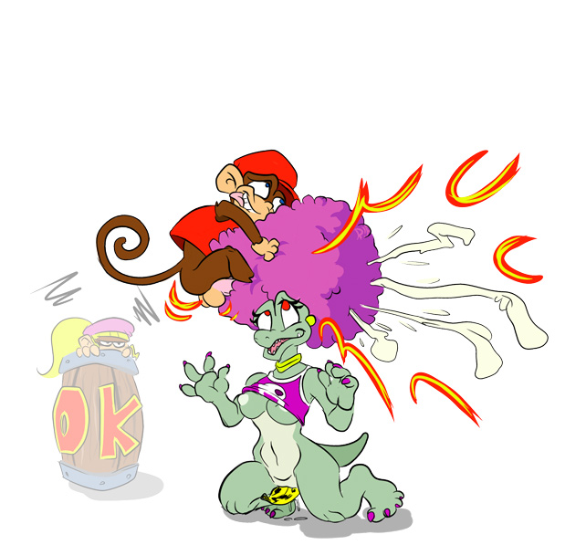 1boy 2girls afro anthro ape background_character balls ballsack banana big_hair blonde_hair blue_eyes body_fur bottomless brown_fur cheating cheating_boyfriend color crocodilian cuck cuckolding cuckquean cum cum_in_hair diddy_kong dixie_kong donkey_kong_(series) duo_focus erection female furry green_skin hairjob human improvised_sex_toy interspecies jealous jealous_female jealous_look kalypso kong kremling lifted_shirt magenta_hair male multiple_females netorare netorare_to_female nintendo ntr penis r!p red_eyes scalie scrotum smooth_penis straight testicles voyeur voyeurism wet_pussy what