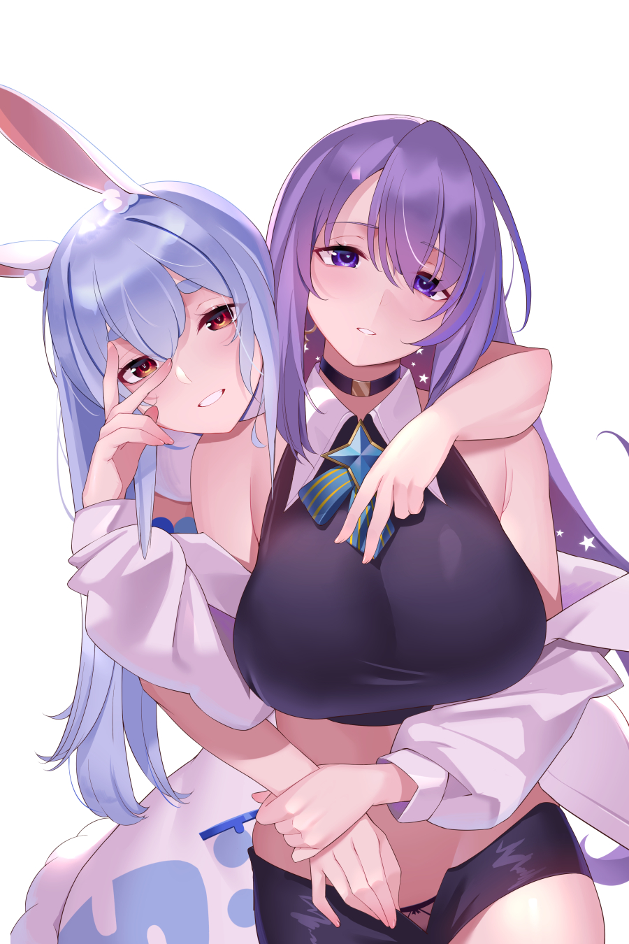 blue hair, bunny ears, bunny girl, female, hololive, hololive fantasy, hololive indonesia, hololive indonesia area 15, hololive japan, kaneko (bblogtinhan), large breasts, moona hoshinova, purple hair, usada pekora, virtual youtuber