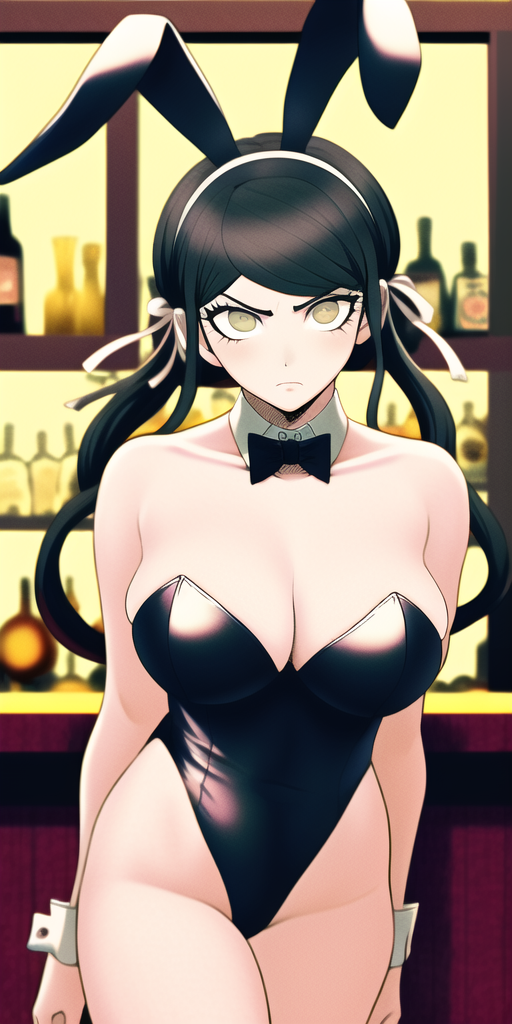 ai generated, angry, bar, bowtie, breasts, bunny ears, bunnysuit, chabashira tenko, cleavage, danganronpa, danganronpa v3, female, hair ribbon, large breasts, latex, n.c.b ai, nai diffusion, playboy bunny, stable diffusion