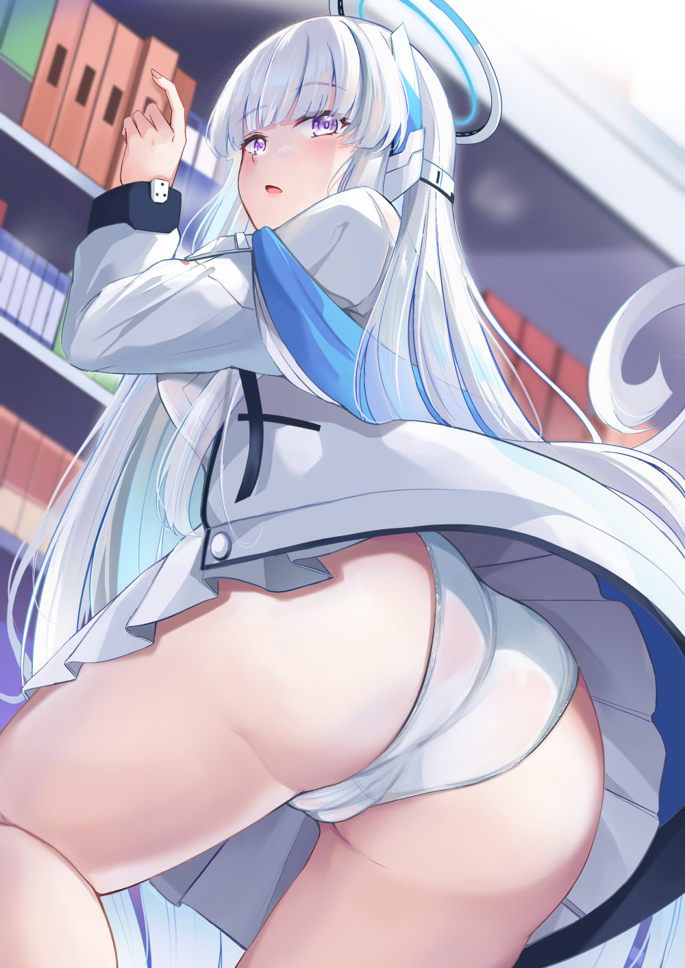 1girls, ass, blue archive, blue hair, cameltoe, female, from below, highres, millennium science school student, noa (blue archive), open mouth, panties, pleated skirt, purple eyes, pussy, seminar (blue archive), skirt, solo, thighs, white panties