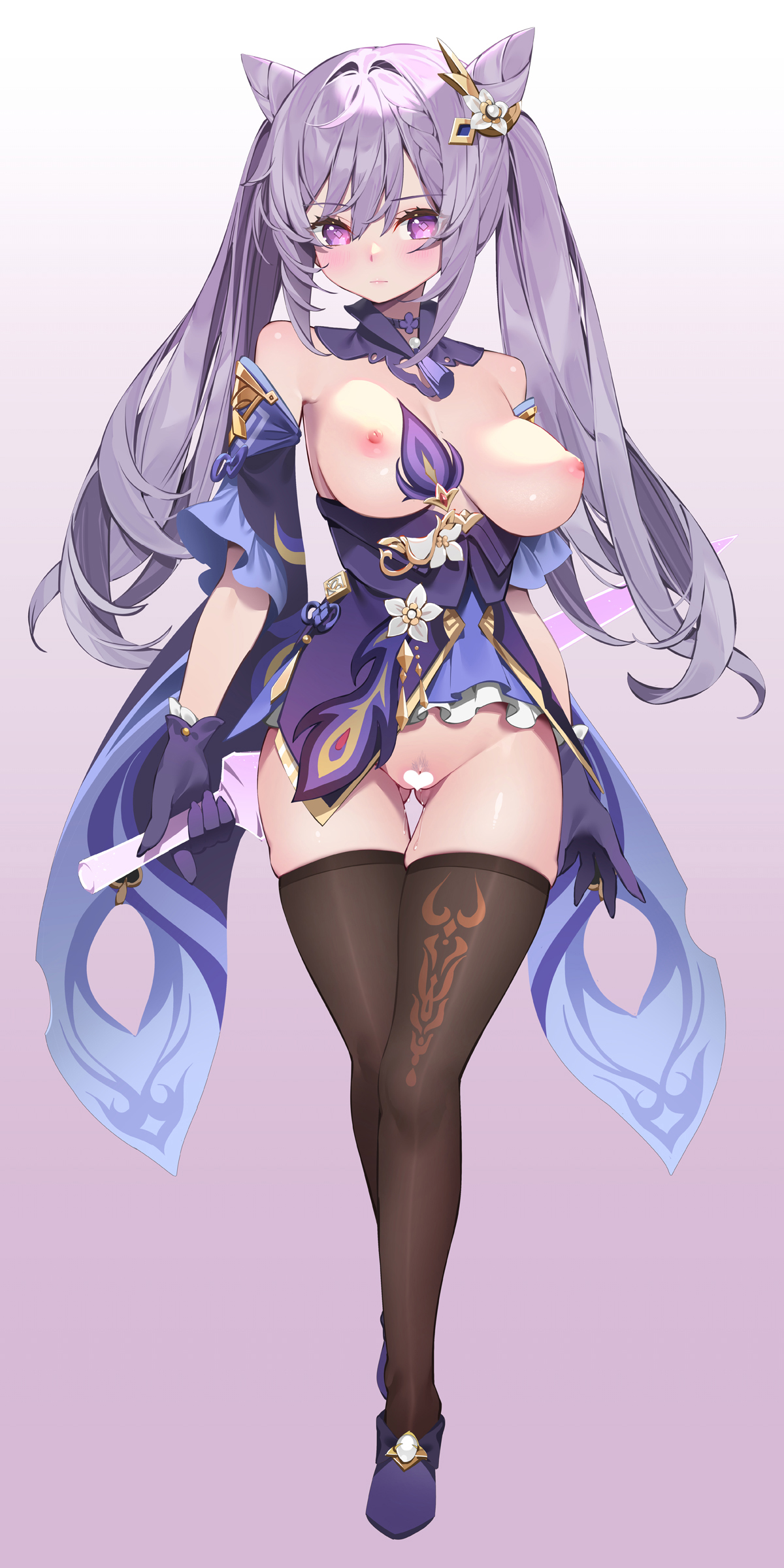 absurdres, alternate legwear, ass visible through thighs, black socks, breasts, brown thighhighs, censored, closed mouth, cone hair bun, double bun, female, full body, genshin impact, gloves, gradient, gradient background, hair bun, heart censor, highres, holding, holding sword, holding weapon, keqing (genshin impact), large breasts, long hair, looking at viewer, nipples, pattern socks, pink eyes, purple background, purple gloves, purple hair, skindentation, socks, solo, sword, thigh socks, thighhighs, thighs, twintails, waterring, weapon