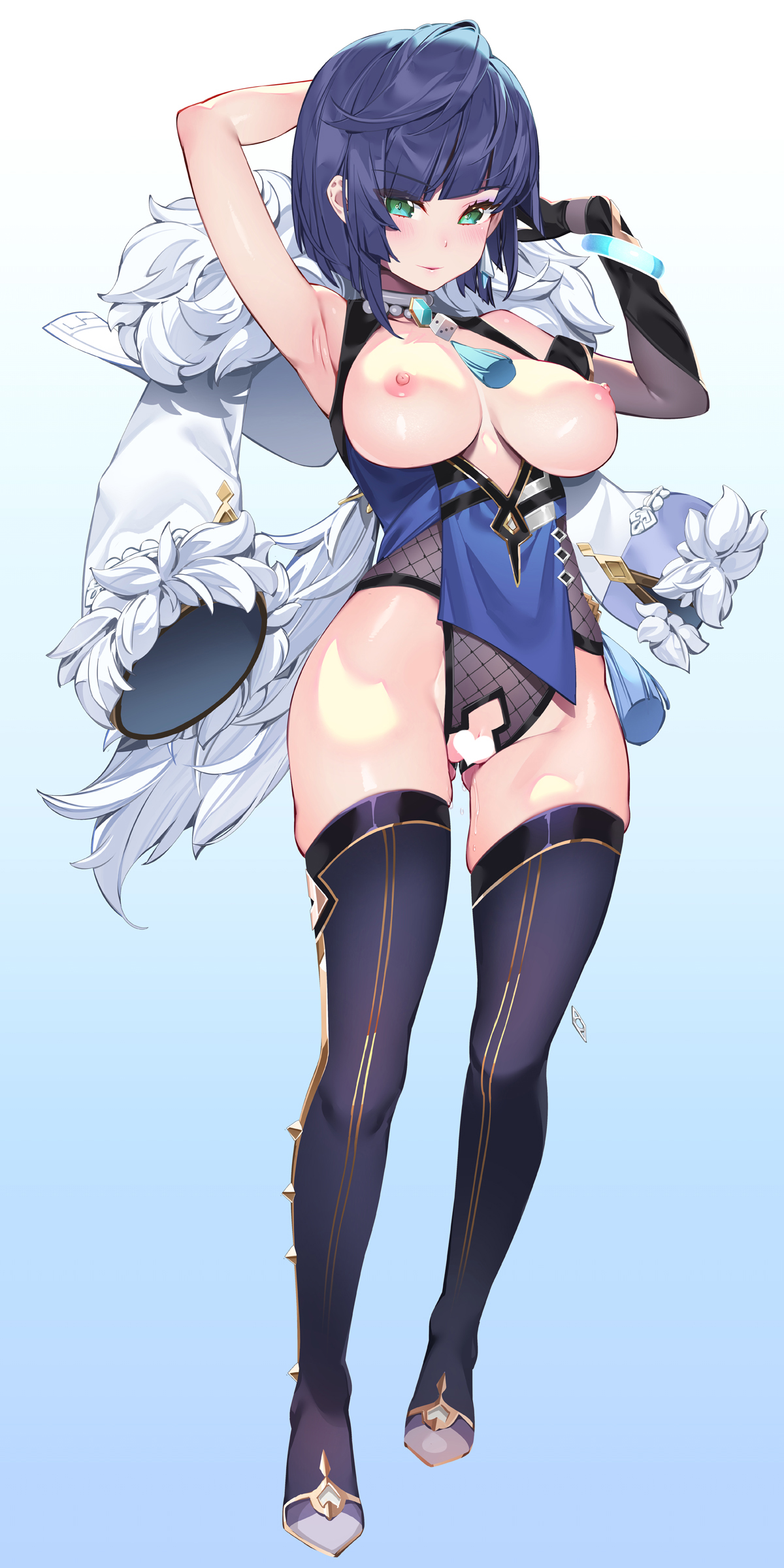 absurdres, armpits, black thighhighs, blue background, blue hair, breasts, censored, female, full body, genshin impact, gradient, gradient background, green eyes, heart, heart censor, highres, large breasts, looking at viewer, nipples, short hair, solo, standing, thighhighs, waterring, yelan (genshin impact)