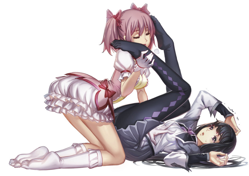 10s 2girls akemi_homura argyle argyle_legwear black_hair black_hairband black_pantyhose blush breath closed_eyes feet feet_visible_through_clothing foot_on_head foot_worship frilled_socks gloves hair_ribbon hairband heavy_breathing highres kneehighs licking licking_foot long_hair madoka_kaname magical_girl mahou_shoujo_madoka_magica multiple_girls no_shoes panties panties_under_pantyhose pantyhose pink_hair pleated_skirt purple_eyes ribbon short_hair short_twintails simple_background skirt socks soles_of_feet_in_socks streamingsun sweatdrop toes toes_visible_through_clothing trembling twintails underwear white_background white_gloves white_legwear white_socks young younger_female yuri