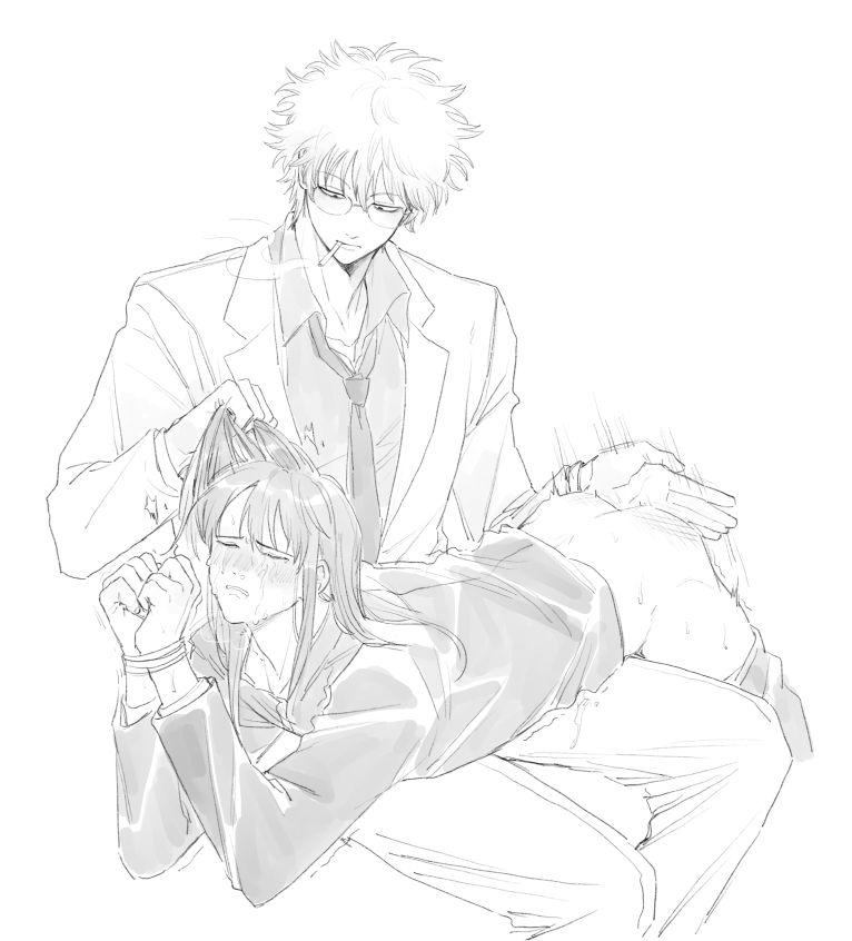 2boys bent_over bound bound_wrists cigarette class_3-z closed_eyes crying gakuran gay gintama gintoki_sakata glasses hair_grab hair_pull katsura_kotarou llemonyyyy long_hair_male lying_on_person male male_only monochrome official_alternate_costume on_stomach pants_down school_uniform sketch smoking spanking sweat teacher teacher_and_student tears yaoi