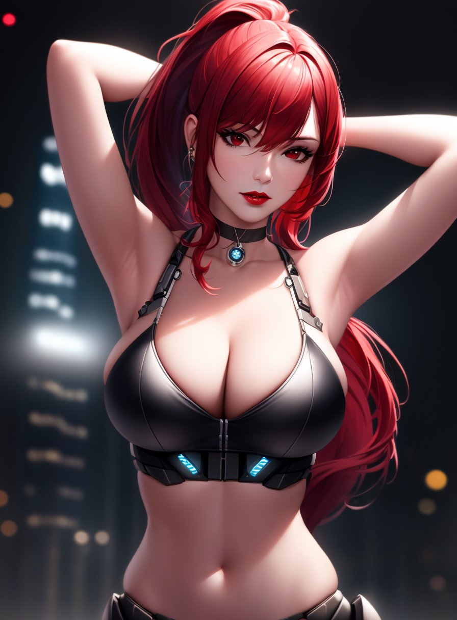 1girls, ai generated, big breasts, breasts, bulging breasts, female, female only, highres, kurenai (claire miyamoto), latex, latex suit, looking at viewer, nai diffusion, original, ponytail, red hair, skin tight, solo, stable diffusion