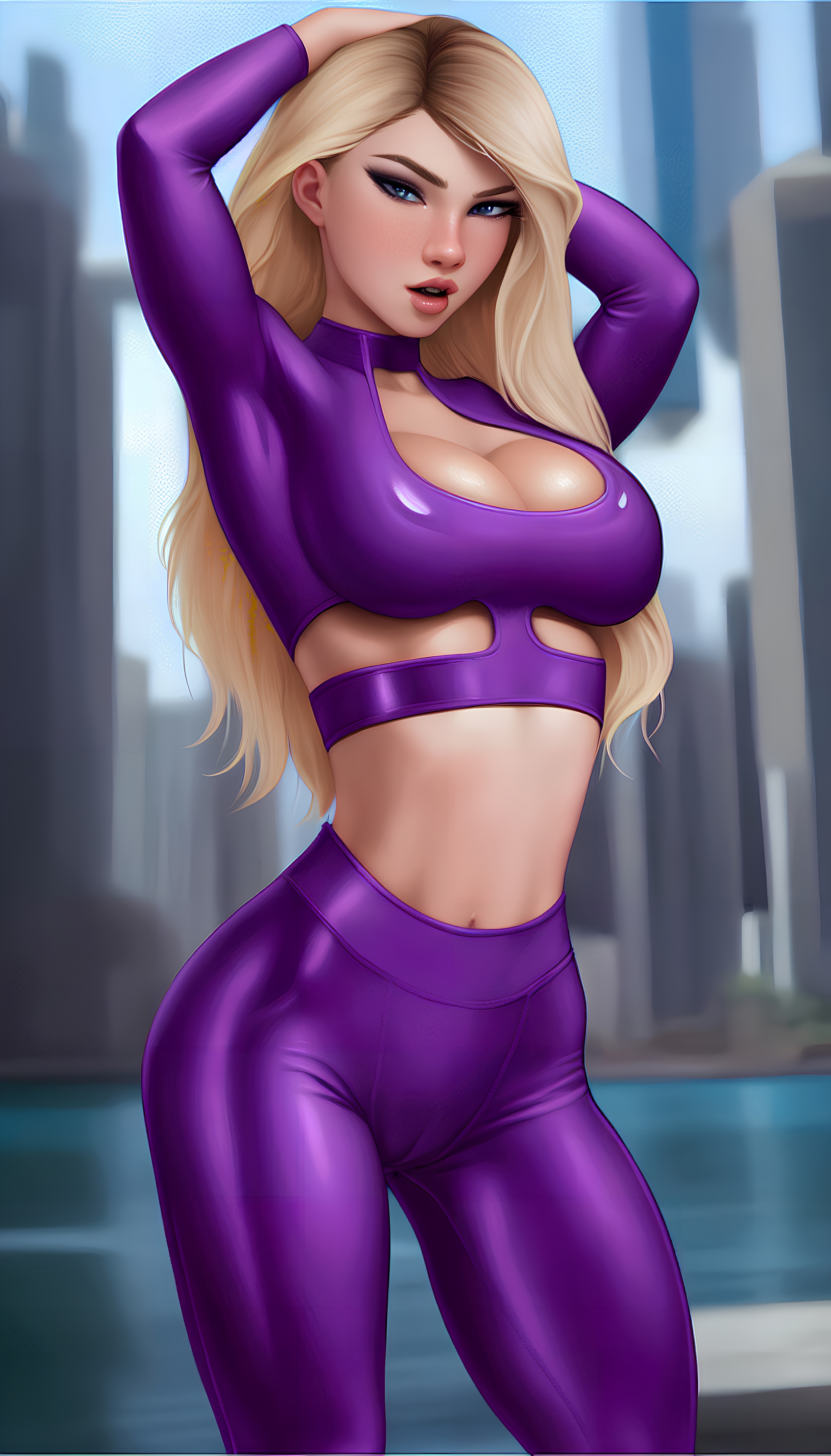 ai generated, blonde hair, cameltoe, female, female only, gwen stacy, human, human only, latex, light skin, light-skinned female, marvel, marvel comics, navel, nipples, plump lips, pussy, solo, solo female, spider-man (series), stable diffusion