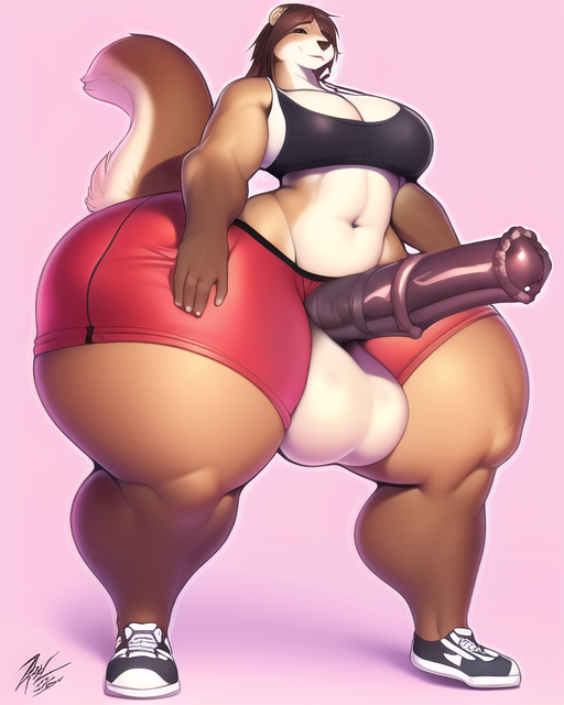 ai_generated animal_humanoid anthro big_breasts big_legs big_penis big_thighs brown_fur brown_hair equine_penis furry futa_only futanari horse_penis horsecock huge_cock huge_thighs hyper_legs hyper_thighs intersex intersex_only long_legs nai_diffusion original otter otter_humanoid red_shorts shorts smiling smiling_at_viewer sneakers solo solo_futa sports_bra squirrel_tail stable_diffusion tennis_shoes thick_thighs white_belly