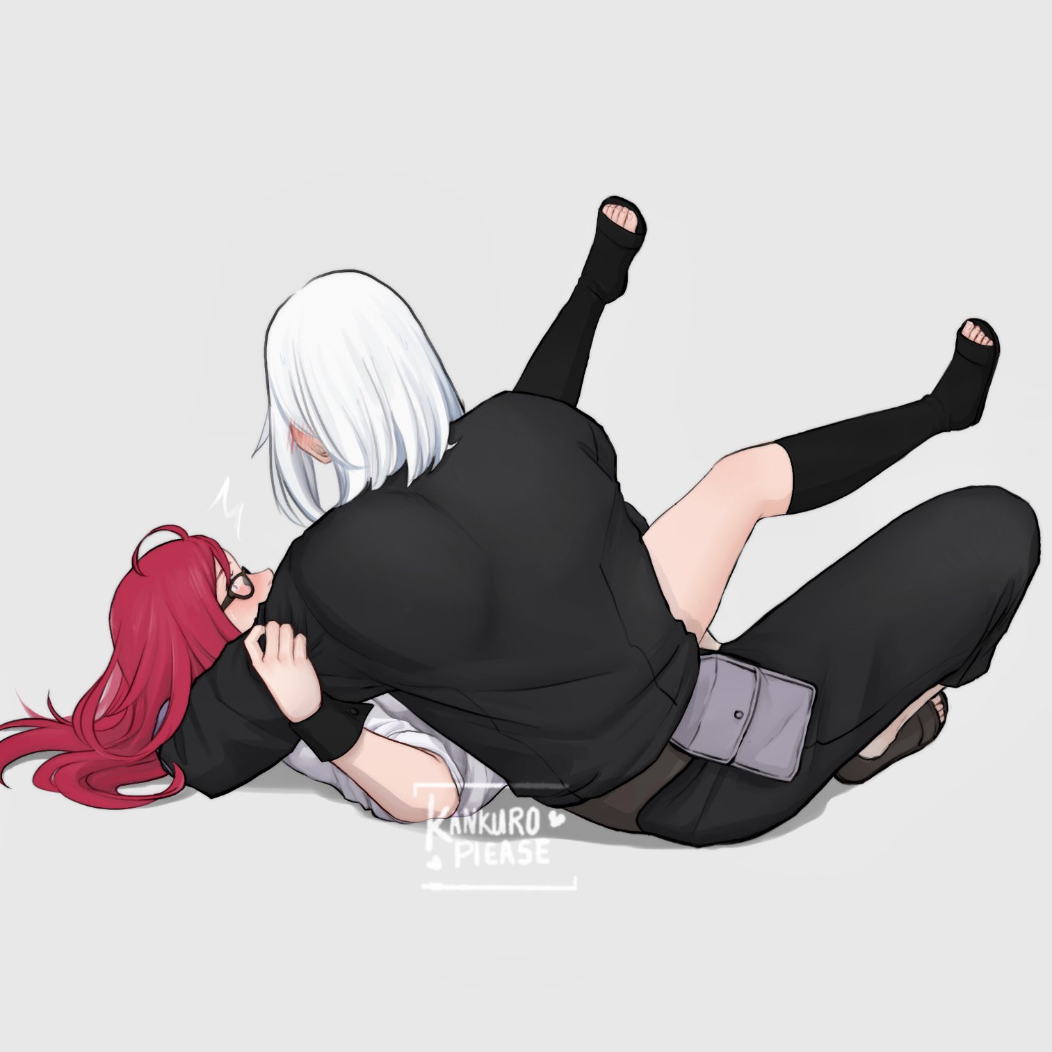 1boy, 1girls, black hair, blush, boruto: naruto next generations, clothing, cuddling, embarrassed, female, glasses, hozuki suigetsu, implied fingering, implied sex, implied vaginal, kankuroplease, legs up, long hair, lying down, lying on back, male, male/female, naruto, naruto (series), pussy, short hair, straight, uzumaki karin, white hair