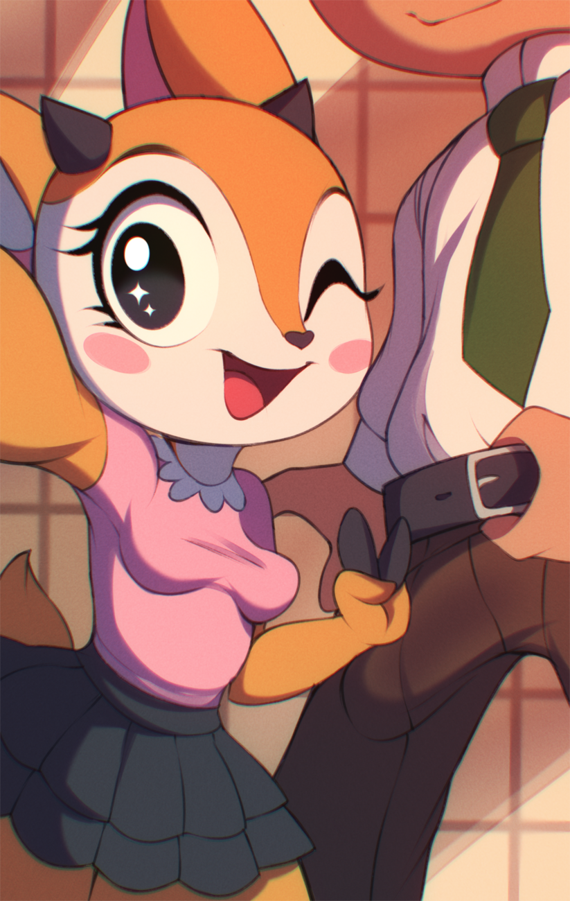 2022 aggressive_retsuko antelope anthro bottomwear bovid breasts chief_komiya clothed clothing duo erection erection_under_clothing female gazelle herpestid hi_res looking_at_viewer male male/female mammal meerkat one_eye_closed open_mouth open_smile sanrio skirt smile smiling_at_viewer smooth_fur tsunoda wildblur wink winking_at_viewer