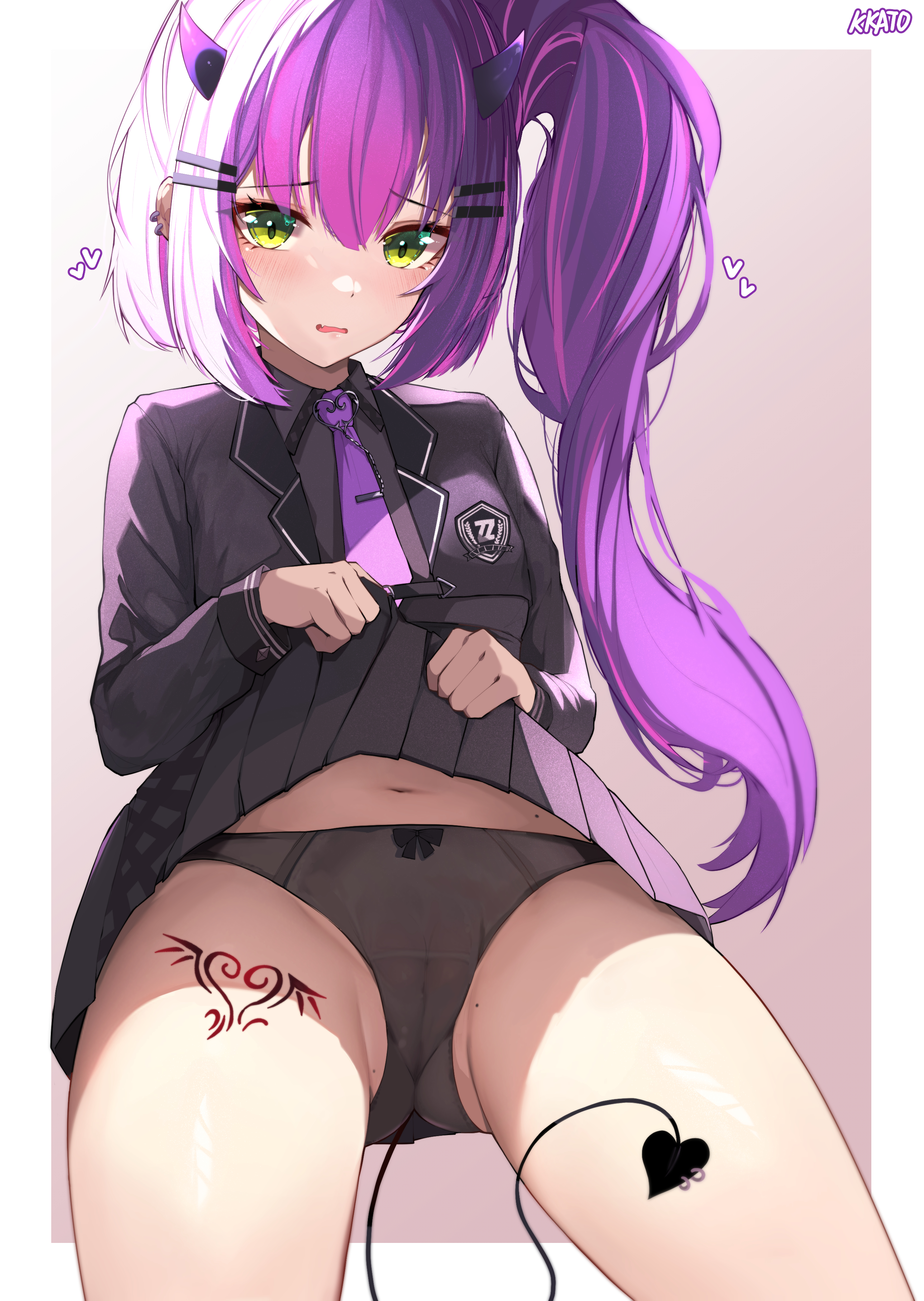 absurd res, clothes lift, demon, demon girl, demon horns, demon tail, female, green eyes, grey panties, highres, holoforce, hololive, hololive japan, horns, lifted by self, looking at viewer, panties, pink hair, pleated skirt, purple hair, skirt, skirt lift, streaked hair, tail, tokoyami towa, underwear, virtual youtuber