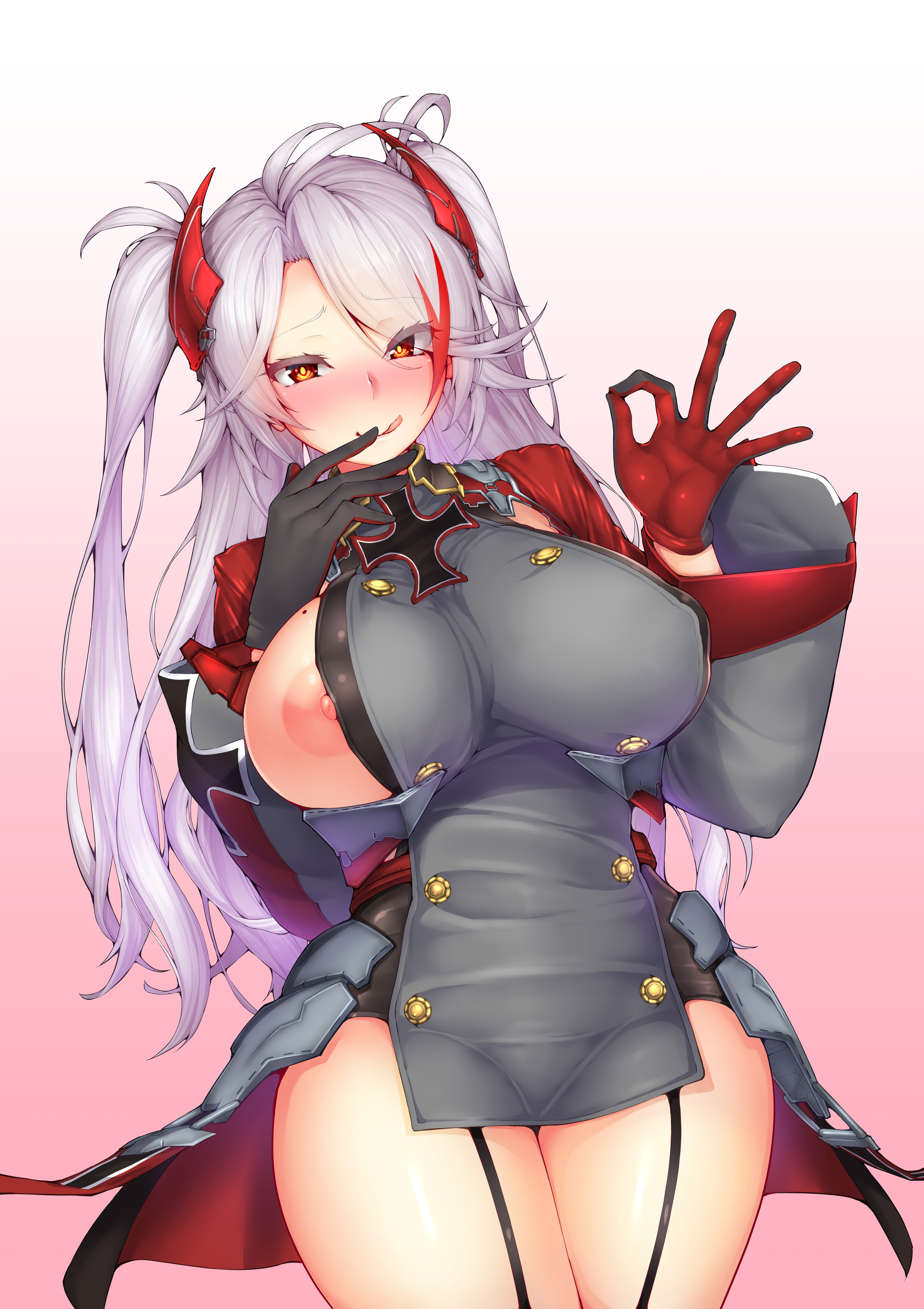 :p, absurdres, antenna hair, areolae, azur lane, bangs, black gloves, blush, breasts, buttons, commentary request, covered nipples, cross, eyes visible through hair, female, garter straps, gloves, gradient, gradient background, hair between eyes, hand to own mouth, hand up, headgear, highres, iron cross, large breasts, long hair, long sleeves, looking at viewer, miso tanuki, mole, mole on breast, multicolored hair, nipple slip, nipples, ok sign, orange eyes, prinz eugen (azur lane), red hair, solo, standing, streaked hair, swept bangs, thighhighs, tongue, tongue out, two side up, very long hair, white hair, wide sleeves