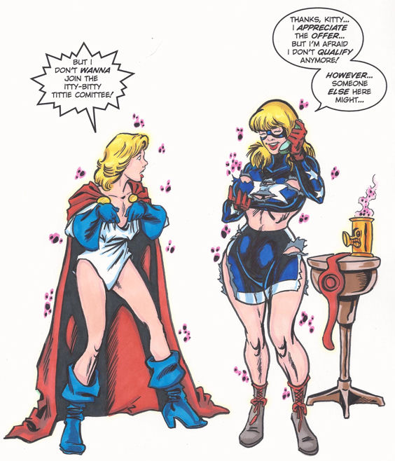 2girls adam_walters attribute_swap attribute_theft big_breasts breast_expansion breast_shrinking calling dc dc_comics dialogue female female_only flat_chest high_heel_boots hip_expansion human human_only itty_bitty_titty_committee justice_society_of_america kara_zor-l light-skinned_female multiple_girls power_girl ripped_clothes speech_bubble stargirl transformation wide_hips