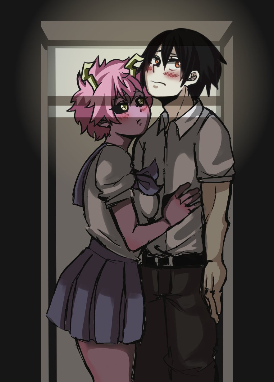 1boy 1girls alternate_hairstyle averting_eyes black_sclera blush breast_press breast_press_on_chest claustrophilia clothed eijirou_kirishima female horns innocent locker male mina_ashido my_hero_academia pink_hair pink_skin pout pouting school_uniform schoolboy schoolgirl seven_minutes_in_heaven short_hair_female short_skirt shy small_space squished_together straight suggestive tight_space trapped u.a._school_uniform