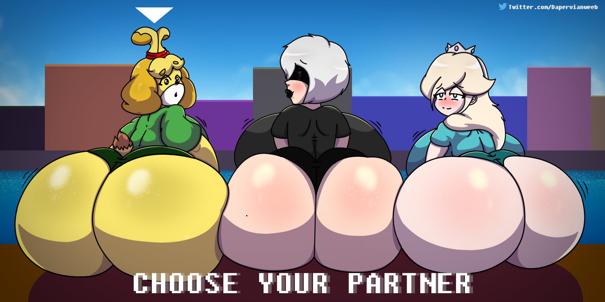 3girls, animal crossing, ass, ass to ass, back view, big ass, big butt, blindfold, bubble ass, bubble butt, crossover, dapervianweeb, female, female only, huge ass, huge butt, isabelle (animal crossing), mario (series), nier, nier (series), nier: automata, nintendo, princess rosalina, super mario galaxy, take your pick, thick ass, yorha 2b