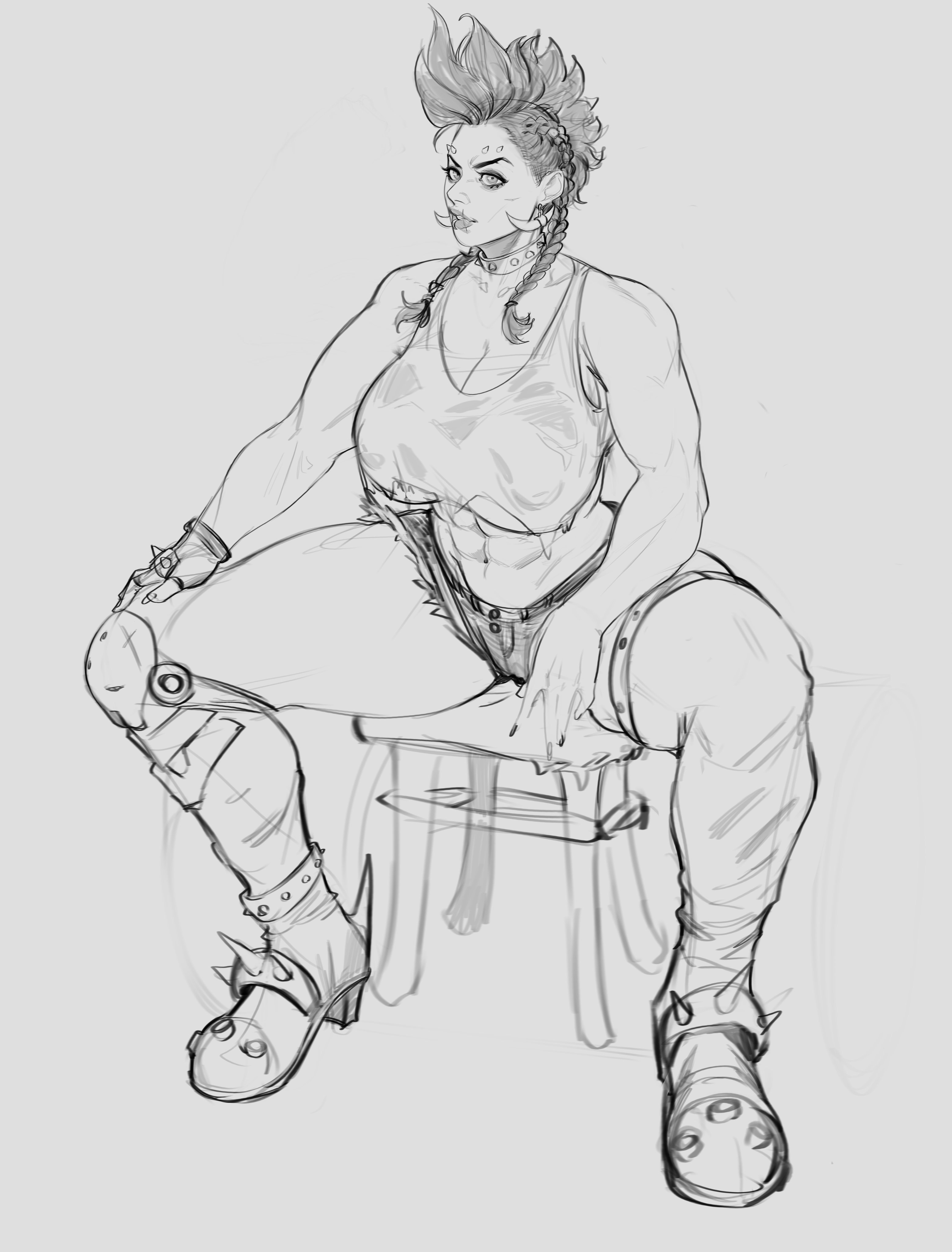 1girls, 2022, 2d, abs, arms at sides, biceps, big breasts, big lips, black and white, blizzard entertainment, boots, booty shorts, braid, braided hair, breasts, busty, chair, choker, cleavage, collar, dankwoll, denim, denim shorts, ear piercing, earrings, eye contact, eyebrow piercing, eyelashes, eyeshadow, female, female only, fingerless gloves, front view, full body, gloves, hair, hand on knee, heel boots, heels, hi res, high heel boots, high heels, high resolution, highres, jean shorts, junker queen, large breasts, leggings, legs, legs apart, legs spread, lips, looking at viewer, medium hair, mohawk, monochrome, muscles, muscular, muscular arms, muscular female, nipple bulge, nipples, nipples visible through clothing, one stocking, one thighhigh, overwatch, pants, pierced ears, piercing, piercings, puffy nipples, scar, scar on face, scars, shirt, short shorts, shorts, side braid, sitting, sitting on chair, six pack, solo, solo female, spiked boots, spiked collar, spikes, stocking, stockings, tank top, thick lips, thick thighs, thigh highs, thighhighs, thighs, underboob