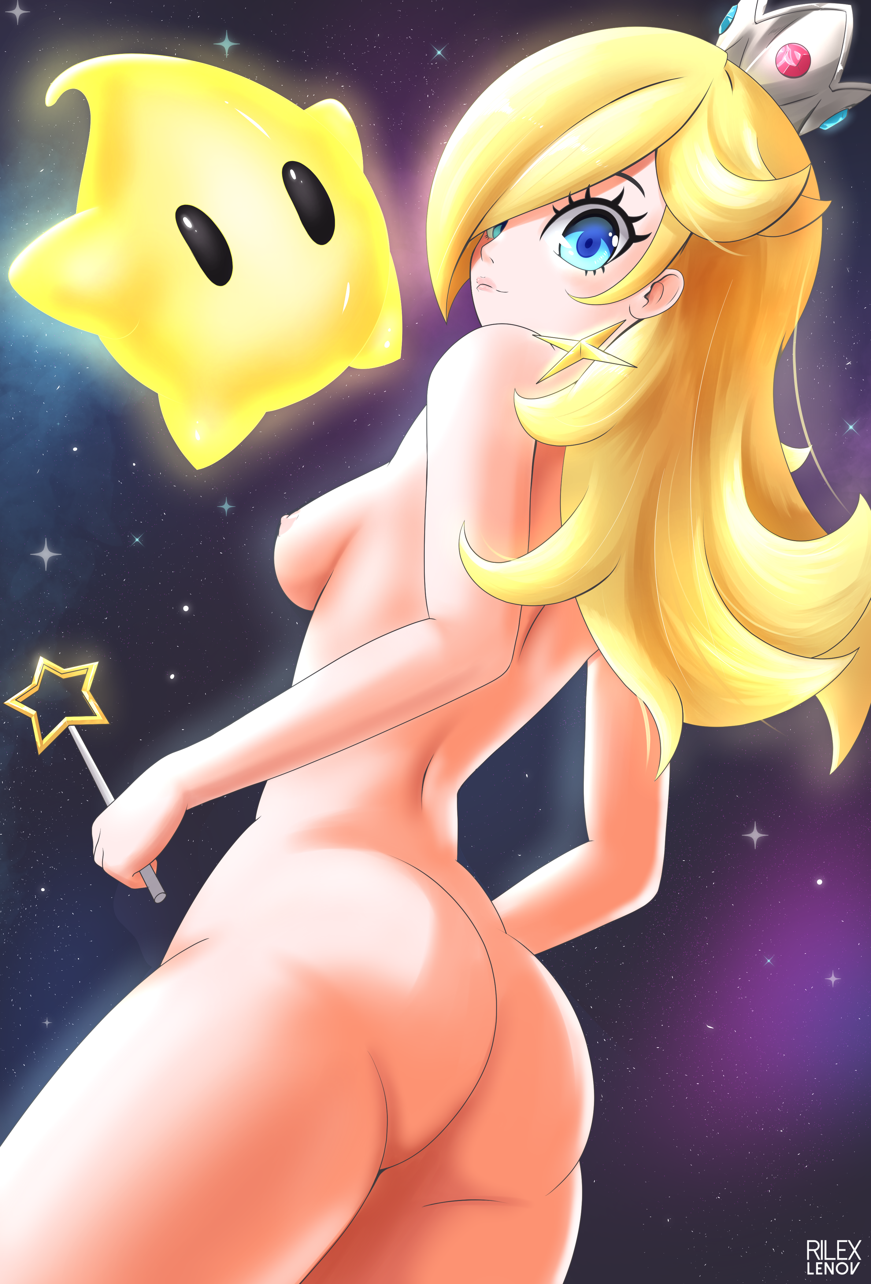 ass, blue eyes, breasts, crown, eyelashes, female, hair, looking back, luma, mario (series), nude, princess rosalina, rilex lenov, super mario galaxy