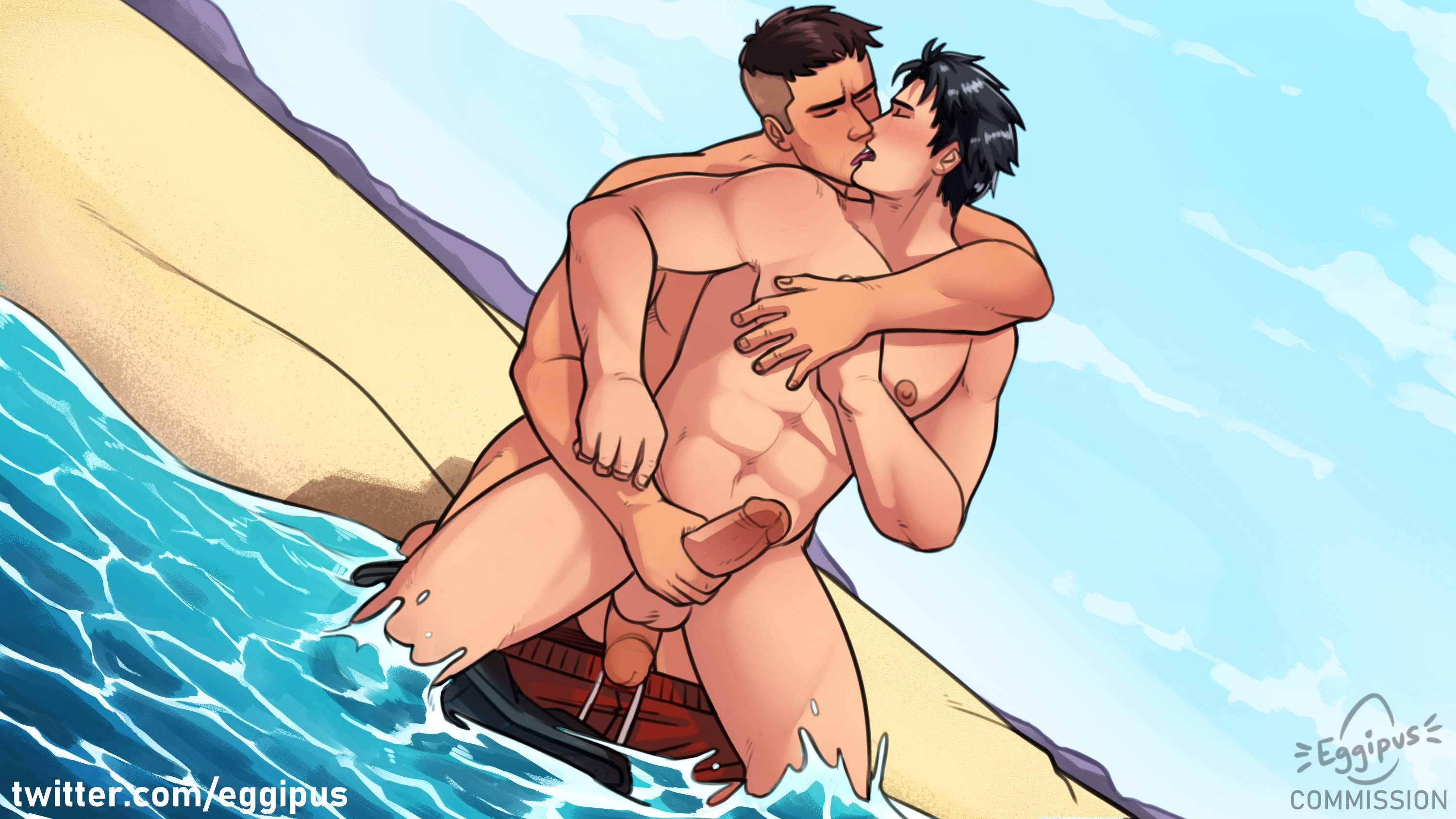 beach, david king, dead by daylight, eggipus, gay, gay male, handjob, imminent sex, jake park, kissing, making out, male, male only, tagme, yaoi