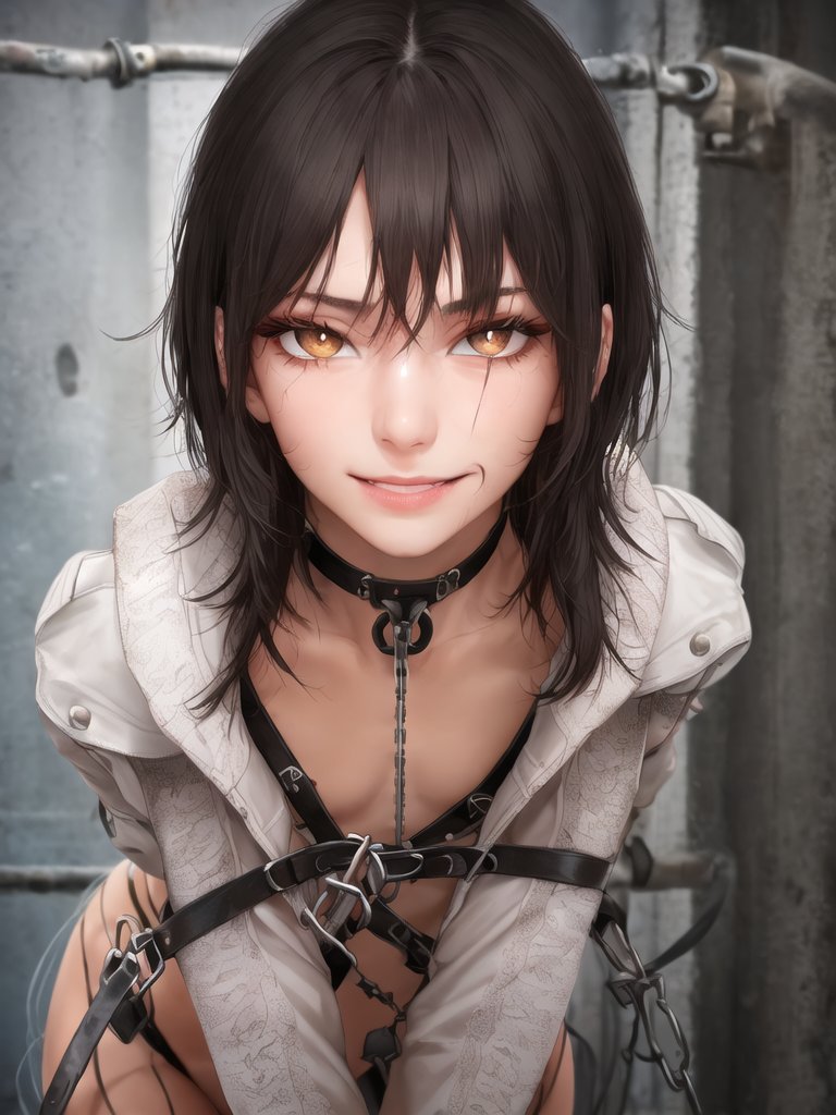 ai_generated black_hair bound_arms cleavage crazy female female_only insane leaning_forward looking_at_viewer messy nai_diffusion orange_eyes smirk stable_diffusion straitjacket straps