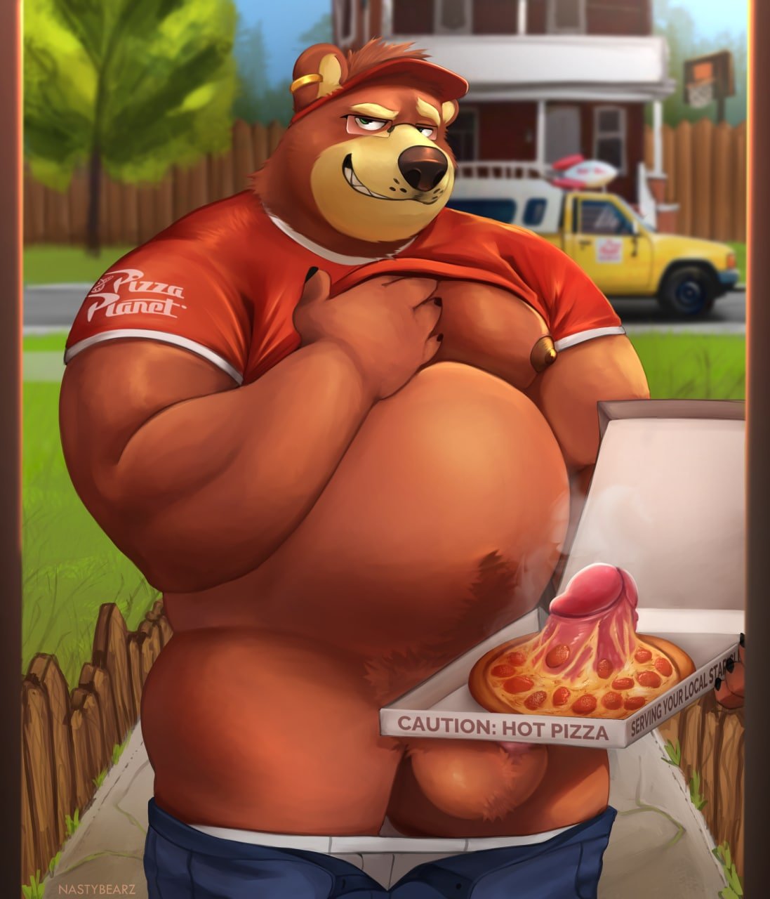 1boy 2022 5_fingers anthro areola balls basketball_hoop beefy belly biped blue_bottomwear blue_clothing blue_pants body_fur body_hair bottomwear bottomwear_down brown_fur building claws clothed colored delivery_(commerce) delivery_employee detailed_background digital_media_(artwork) disney doorway ear_piercing ear_ring english_text erection eyebrows eyewear fence fingers food food_carrier food_delivery food_fetish food_on_penis food_play foreskin foreskin_folds genitals glasses grass green_eyes hand_on_moob happy_trail hat headgear headwear hi_res house humanoid_genitalia humanoid_penis intact logo looking_at_viewer male male_nipples male_only male_pubic_hair mammal masculine moobs nastybearz_(artist) outside pants pants_down partially_clothed penis pepperoni_pizza piercing pink_penis pixar pizza pizza_box pizza_delivery pizza_delivery_carrier plant presenting pulling_shirt_up raised_eyebrow red_clothing red_hat red_headwear red_shirt red_topwear retracted_foreskin rimless_eyewear rimless_glasses ring_piercing shaded shirt_lift shirt_up smile smirk smooth_fur smooth_penis solo steam street tan_muzzle text toothy_grin topwear tree uncut underwear underwear_down uniform ursid vehicle whisker_spots white_clothing white_underwear