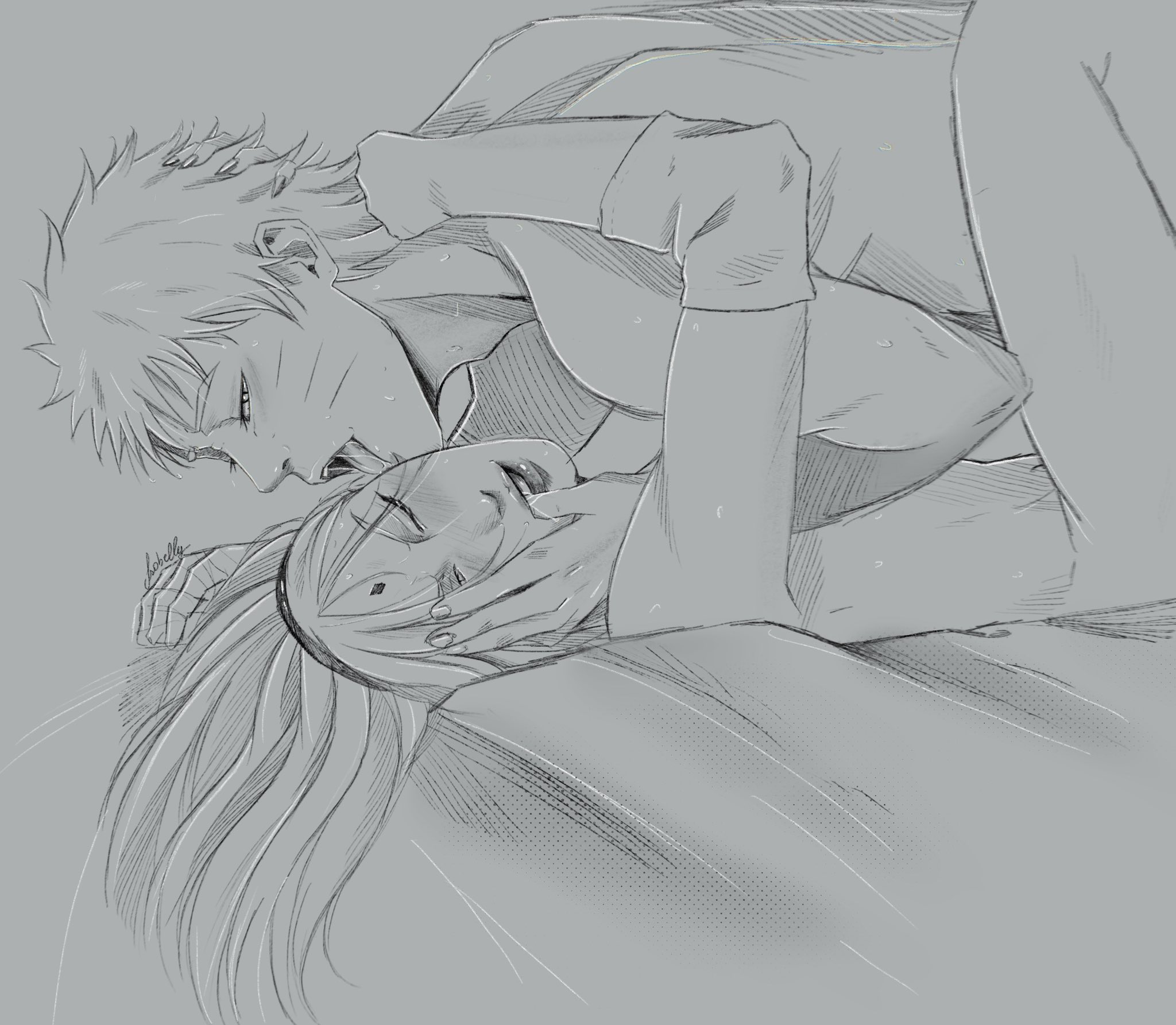 1boy, 1girls, bandaged arm, bandages, black and white, blush, boruto: naruto next generations, female, finger in mouth, hairband, half-closed eyes, hugging, implied sex, licking, licking ear, licking face, licking partner, long hair, lying on back, lying on person, male, male/female, missionary, missionary position, moaning, naked, narusakuart, naruto, naruto (series), sakura haruno, sex, short hair, straight, sweat, sweatdrop, thumb in mouth, upper body, uzumaki naruto