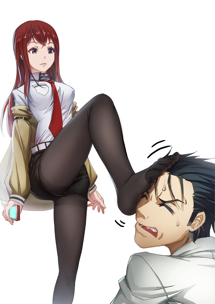 1boy 1girls 5pb. absurdres black_pantyhose closed_eyes domination feet female female_domination femdom foot_fetish foot_on_head hetero highres human humiliation long_hair makise_kurisu male nitroplus no_shoes office_lady okabe_rintarou open_mouth pantyhose red_hair science_adventure simple_background steins;gate stepped_on straight streamingsun thighband_pantyhose toes white_background white_skin young