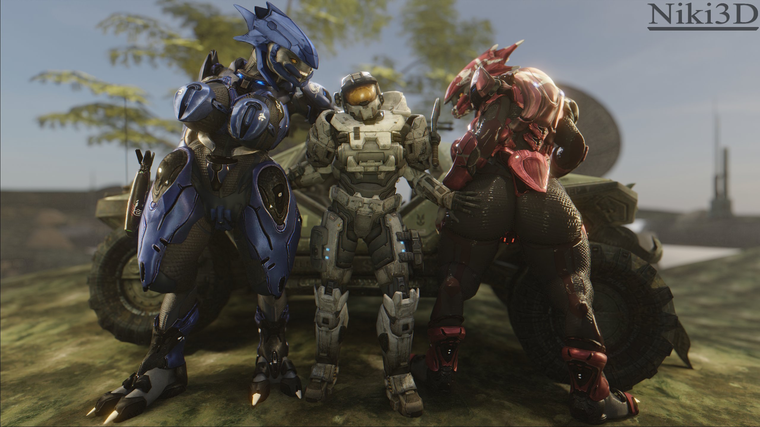 1boy, 2girls, 3d, alien, alien girl, armor, ass, bodysuit, breasts, female, female sangheili, halo (series), hands on ass, helmet, larger female, male, niki3d, sangheili, spartan (halo), thick ass monster, thick thighs