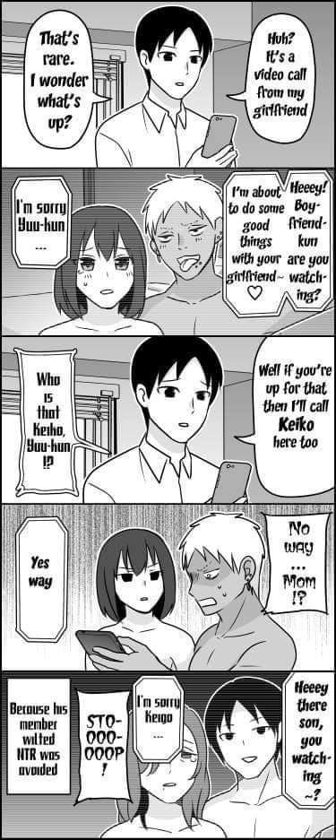 2boys, 2girls, comic, dark skin, dark-skinned male, english text, female, funny, hard translated, male, milf, motherly cuckold, netorare, original, original character, phone, revenge, translated