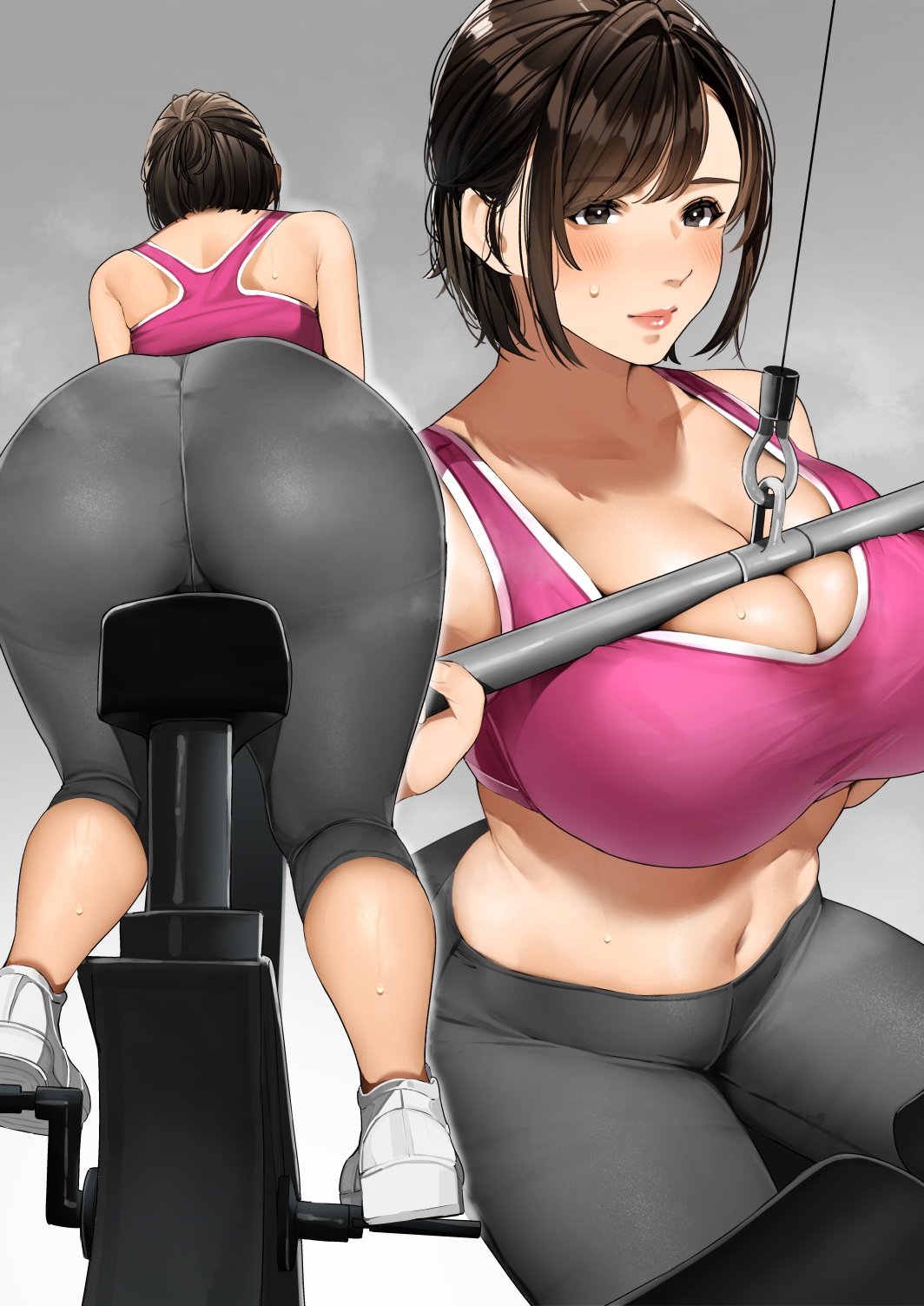 1girls, ass, bangs, bare shoulders, big ass, big breasts, black eyes, black hair, blush, breasts, bubble ass, bubble butt, bulging breasts, busty, cleavage, closed mouth, exercise, exercise bike, female, female only, from behind, gradient, gradient background, gym clothes, gym shorts, high resolution, highres, huge breasts, leaning forward, long hair, looking at viewer, mature female, midriff, milf, multiple views, navel, original, original character, pants, pink sports bra, sakuranotomoruhie, sensual, shoes, short hair, smile, solo, sports bra, sweat, sweat stain, swept bangs, voluptuous, white footwear, yoga pants