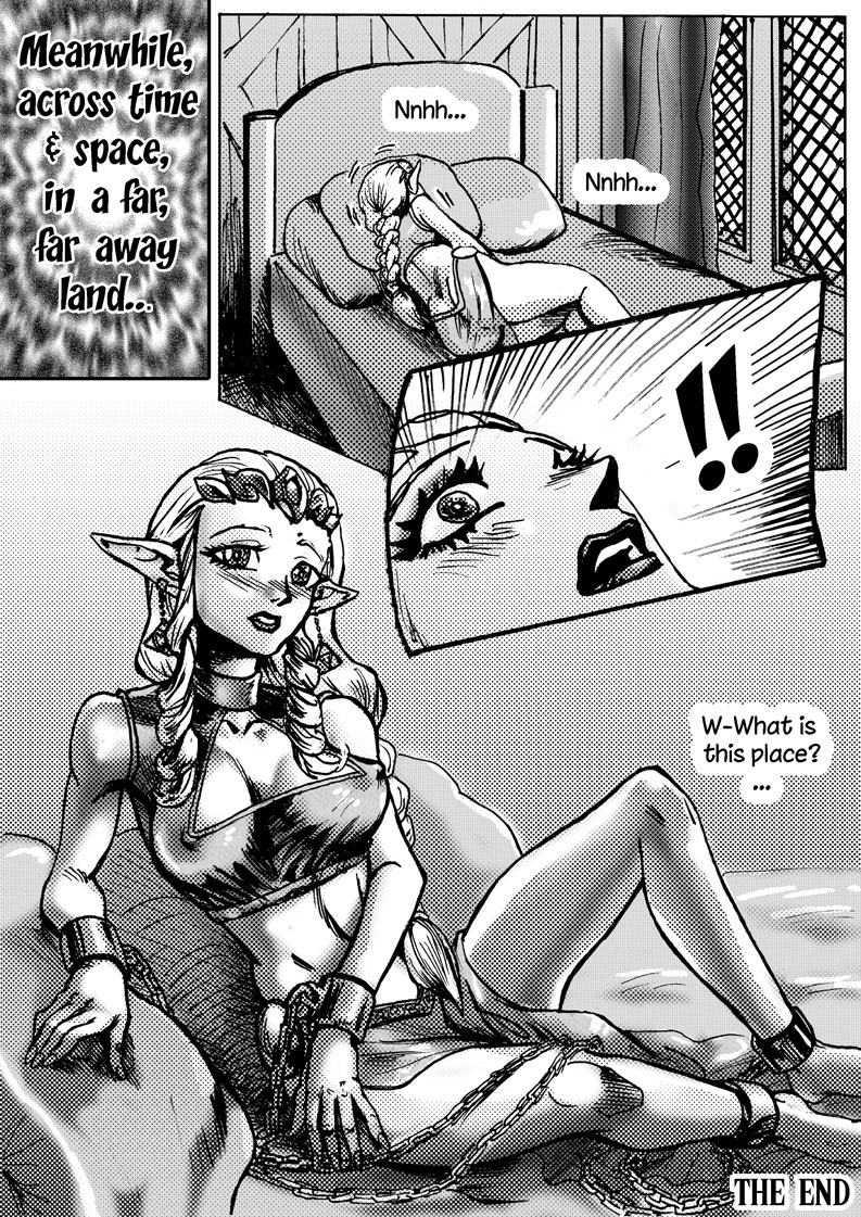 black_and_white braid braided_hair braided_ponytail breasts chains cleavage cleavage_cutout comic comic_page end_page english english_dialogue english_text long_ears medium_breasts ocarina_of_time pointy_ears princess_zelda saikyo3b slave slavegirl the_legend_of_zelda