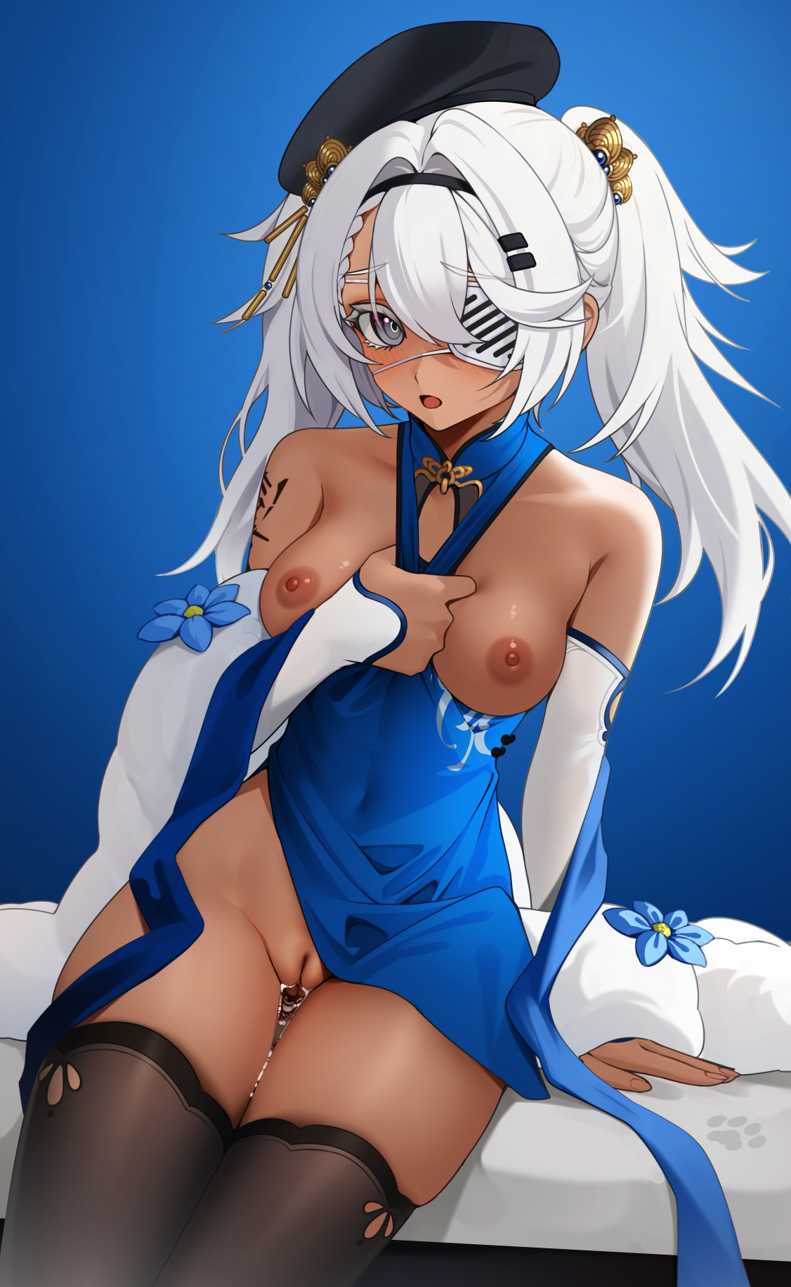 beret, breasts, breasts out, dark nipples, dark skin, dark-skinned female, ett, eyepatch, female, girls' frontline, grey eyes, hs.50 (girls' frontline), innie pussy, medium breasts, pussy, tagme, tanned skin, tattooed arm, white hair