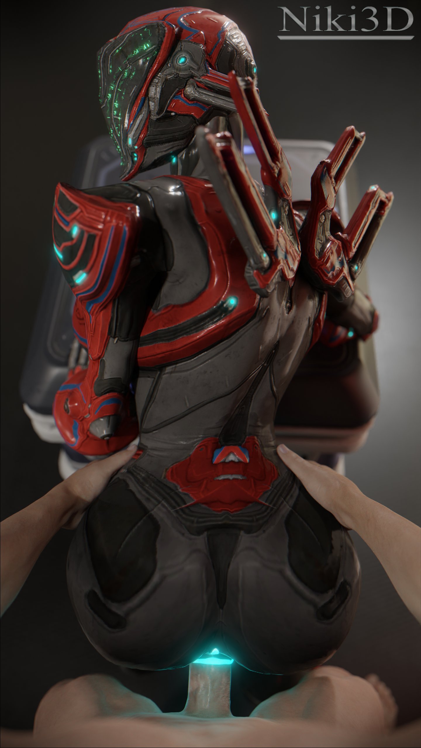 1boy 1boy1girl 1girls 3d alien alien_girl armor ass athletic_female bent_over female glowing hands_on_hips helmet human human_penetrating light-skinned_male looking_back male niki3d pov robot robot_girl sex technophilia trinity_(warframe) warframe