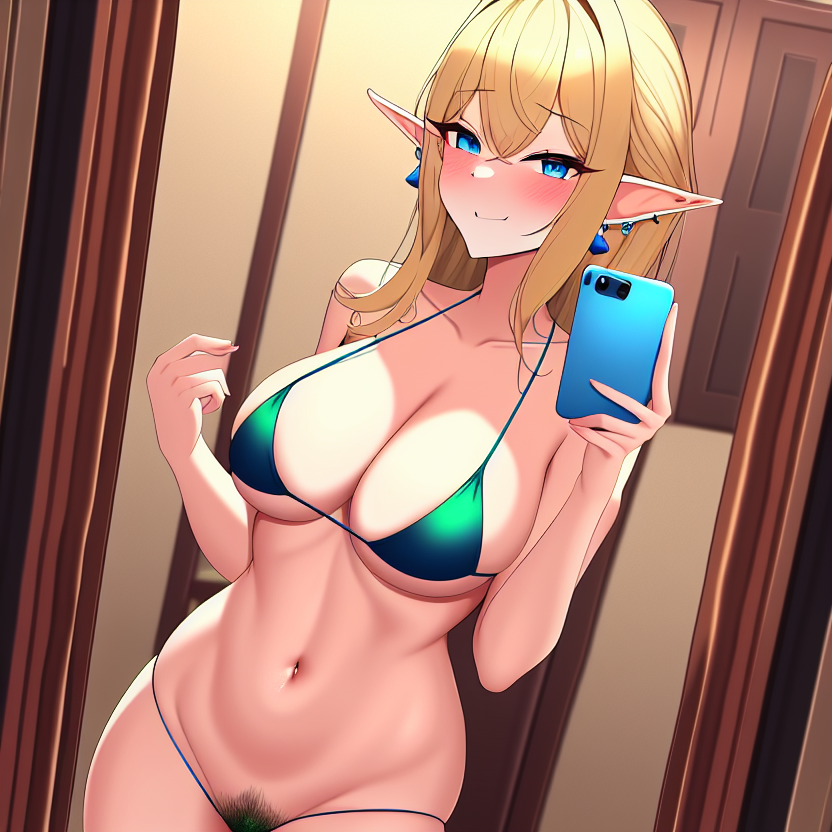 1girls ai_generated belly_button bikini blonde_hair blue_eyes blush bra breasts earrings elf elf_ears female female_only green_bikini holding_phone light_blue_eyes medium_breasts nai_diffusion naughty_face phone pubic_hair seductive_smile selfie sling_bikini smart_phone smartphone solo stable_diffusion standing