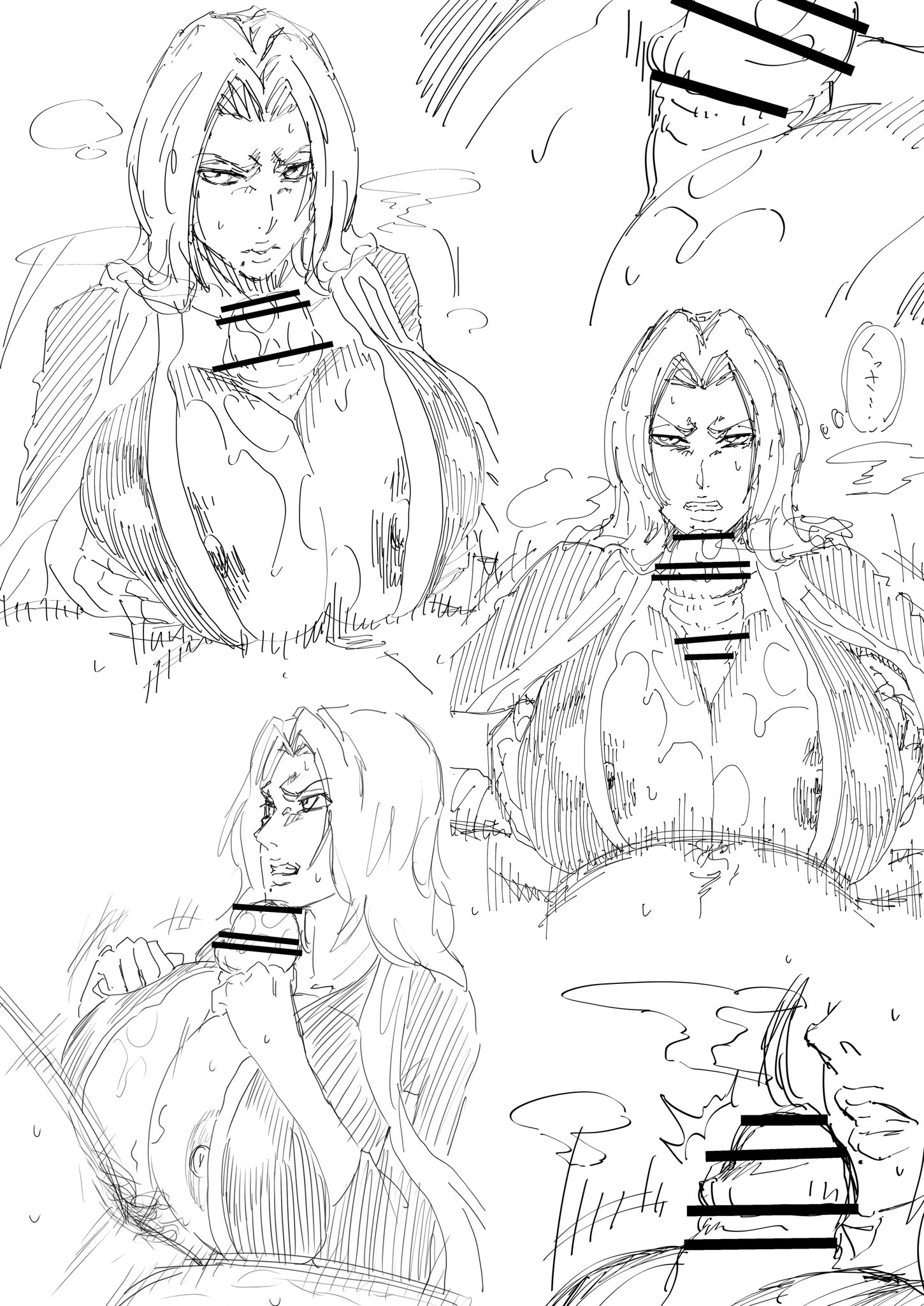 1boy, 1girls, angry, angry face, beauty mark, big breasts, bleach, blonde hair, breasts, censored, female, huge breasts, hyper penis, iwao178, large breasts, male, matsumoto rangiku, monochrome, no artist signature, no source, paizuri, penis, titjob