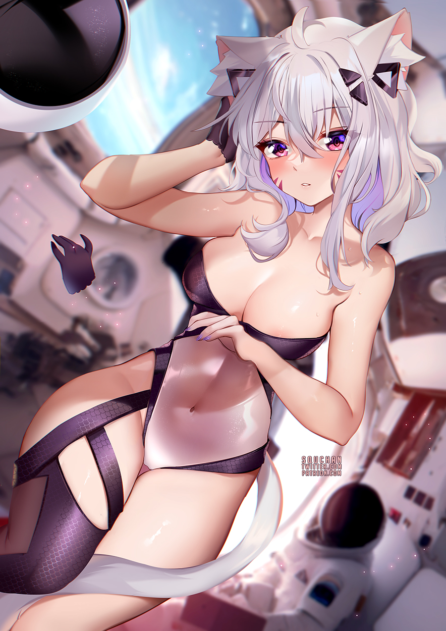 breasts cat_ears cat_tail catgirl face_markings spacestation squchan squchan_(vtuber) virtual_youtuber vtuber vyugen