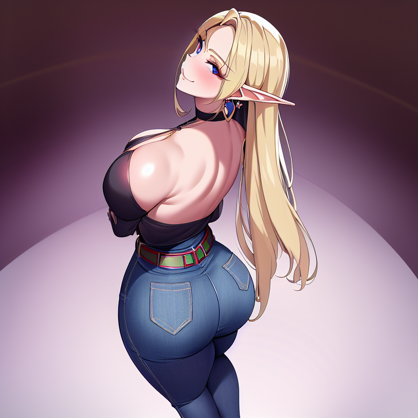 1girls ai_generated alborewimi amputee ass bare_back belt big_ass big_butt black_sleeves blonde_hair blue_eyes collar denim earrings elf elf_ears female from_above from_behind jeans long_hair looking_at_viewer looking_up nai_diffusion pockets pointy_ears round_ass round_butt solo stable_diffusion standing thick_ass yellow_hair