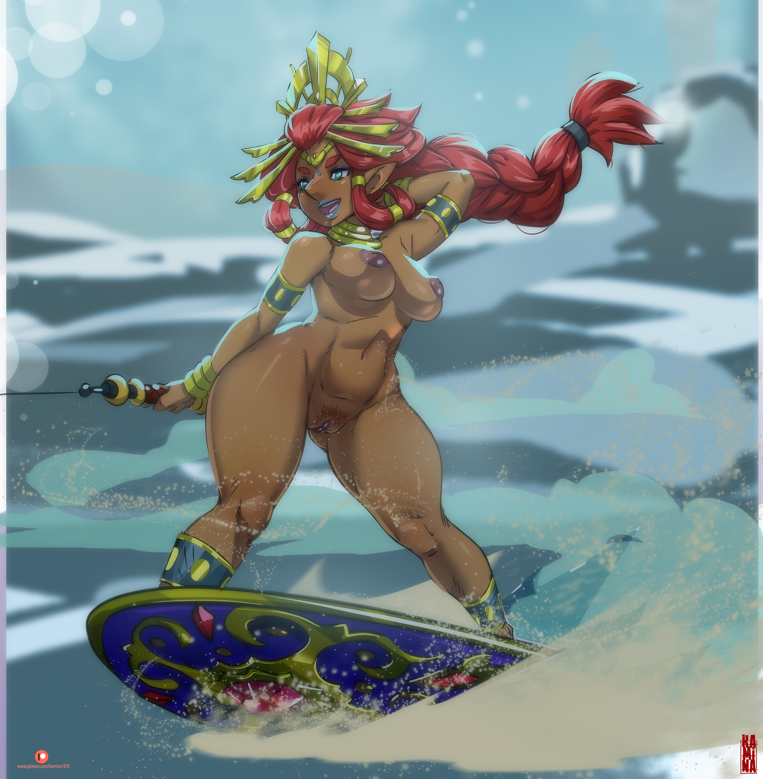 aqua eyes, aqua lipstick, big hair, blue lipstick, braid, breasts, breath of the wild, dark skin, dark-skinned female, female, gerudo, green eyes, green lipstick, kamina1978, lipstick, long hair, nude, pubic hair, red hair, riju, small breasts, solo, solo female, the legend of zelda, the legend of zelda: breath of the wild, thick thighs