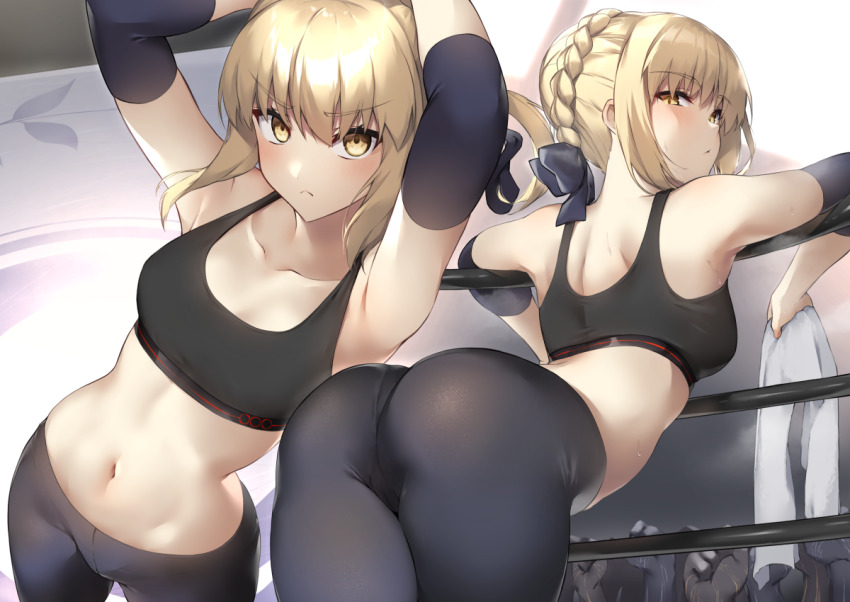 1girls ass blonde_hair breasts fate/grand_order fate/stay_night fate_(series) female french_braid from_behind looking_at_viewer pinta_(ayashii_bochi) saber saber_alter sports_bra thighs