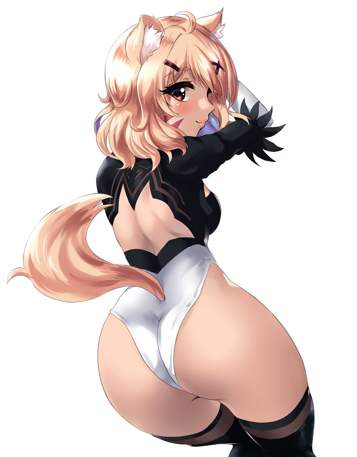 1girl animal_ear_fluff animal_ears ass back bangs black_legwear blonde_hair blush breasts brown_eyes cat_ears cat_tail catgirl closed_mouth diagonal_stripes eyebrows_visible_through_hair face_markings fox_tail from_behind hair_ornament hairclip leonart leotard long_sleeves looking_at_viewer looking_back medium_breasts nier:_automata red_eyes short_hair smile solo squchan_(vtuber) striped striped_background tail thighhighs thighs thong_leotard vertical_stripes virtual_youtuber vtuber vyugen white_leotard yorha_2b_(cosplay)